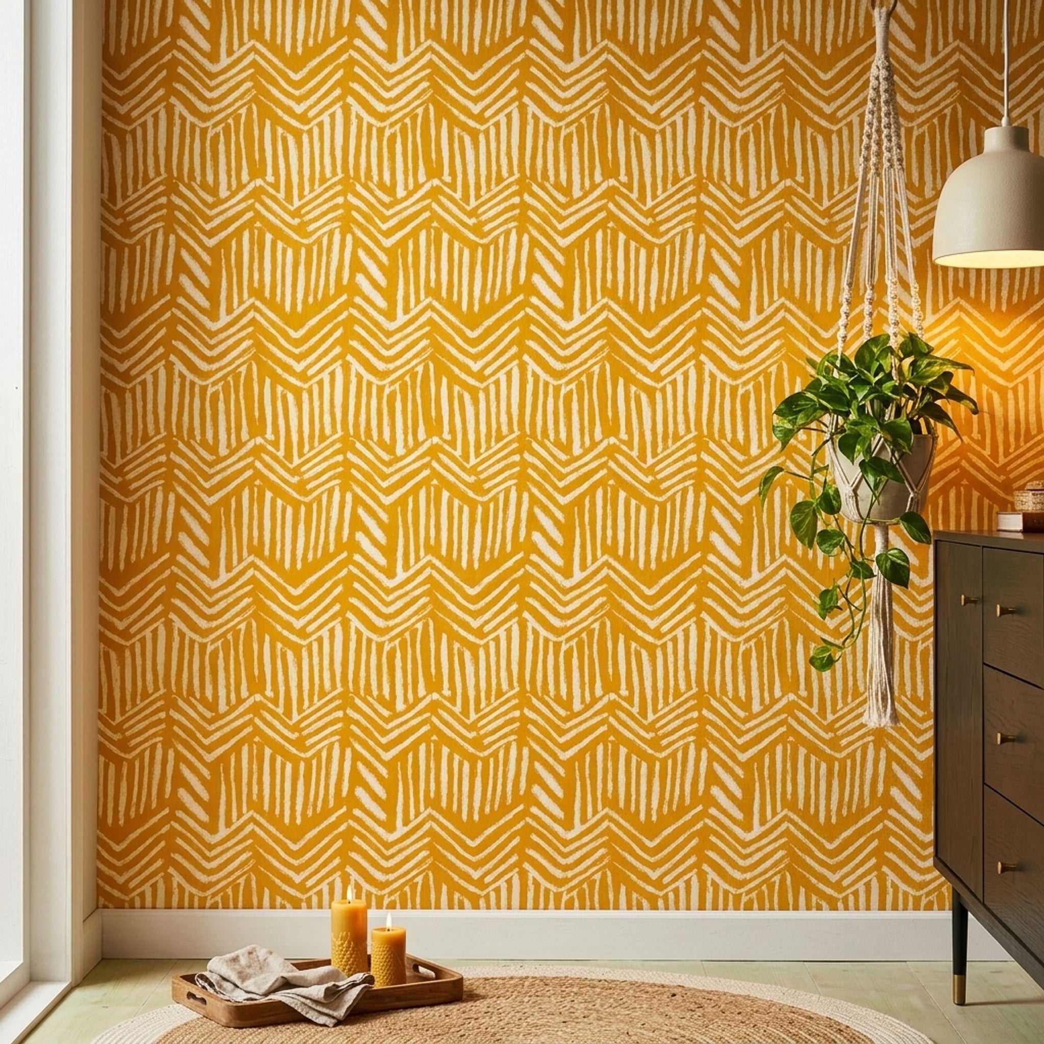 Mustard Yellow Wallpaper White Brushstroke Chevron Removable Wall Decor