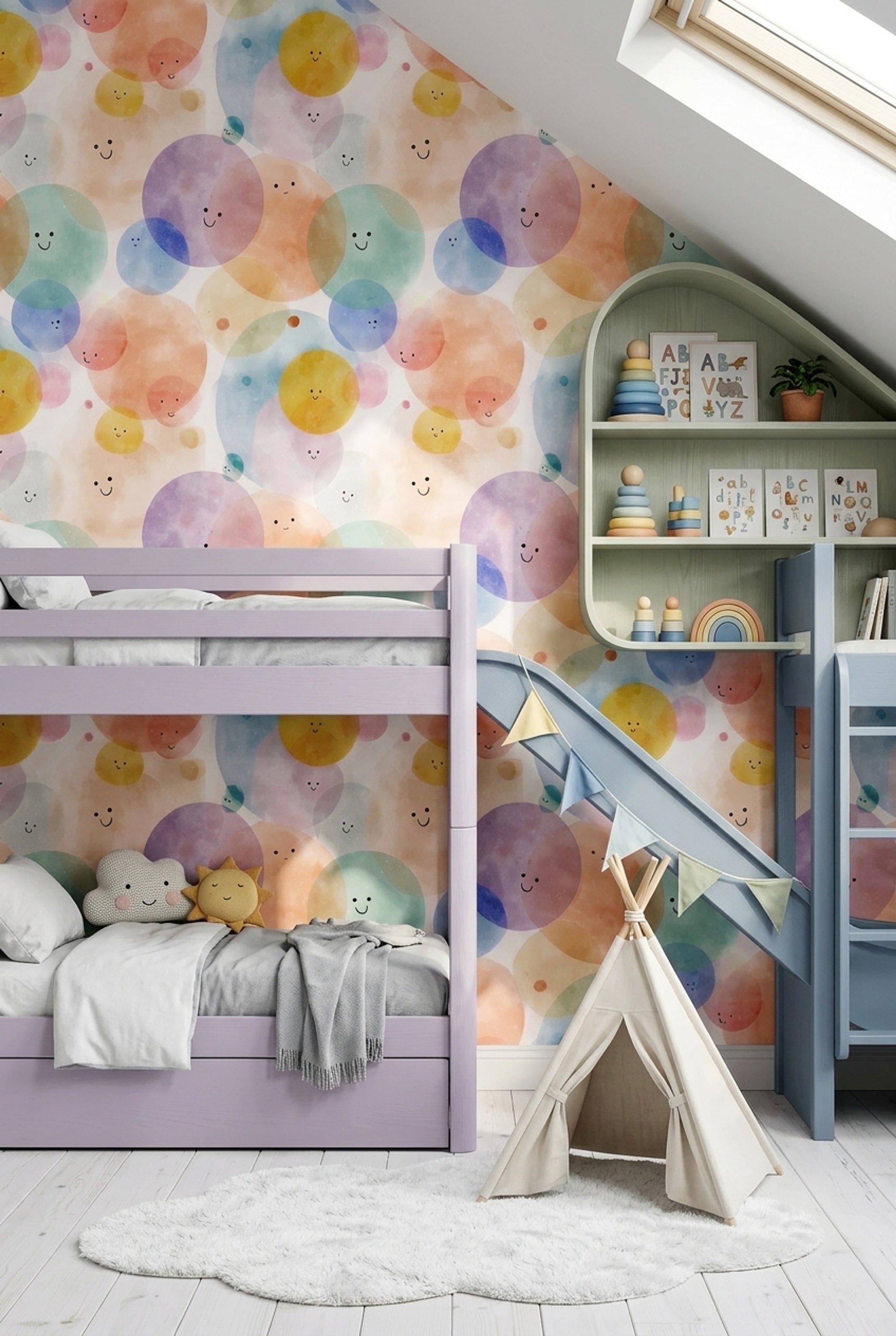 Watercolor Texture Wallpaper Pastel Circles Smiley Faces Removable Wall Decor