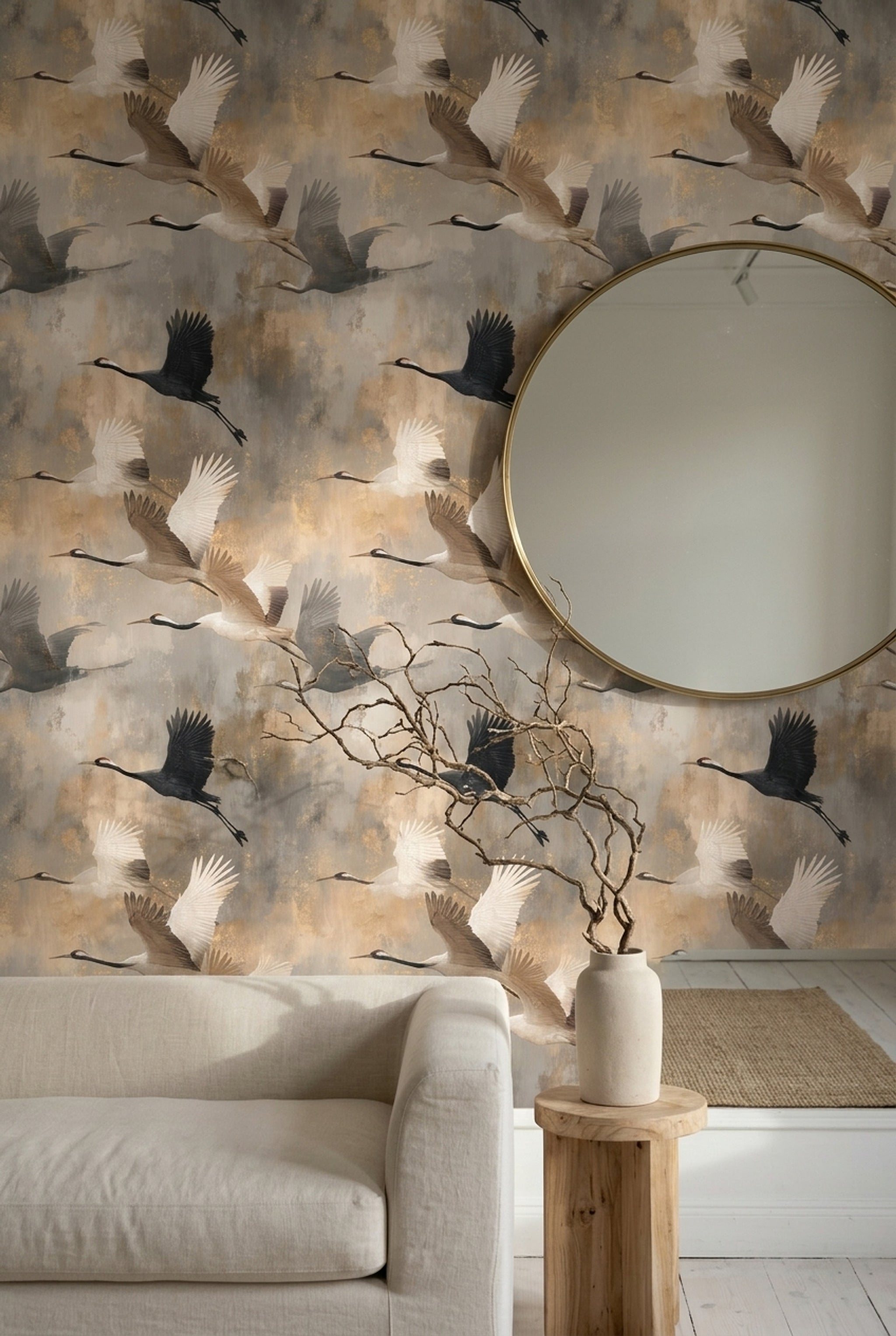 Flying Cranes Wallpaper Birds In Flight Gold Flecks Removable Wall Decor
