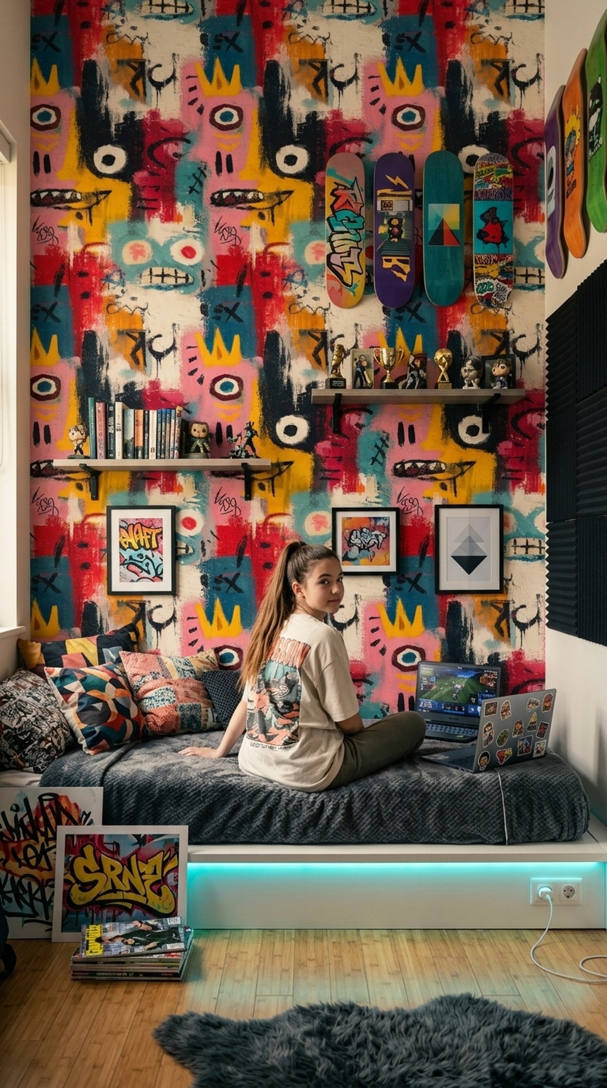Graffiti Wallpaper Bold Colors Removable Face Motif Wall Double Roll