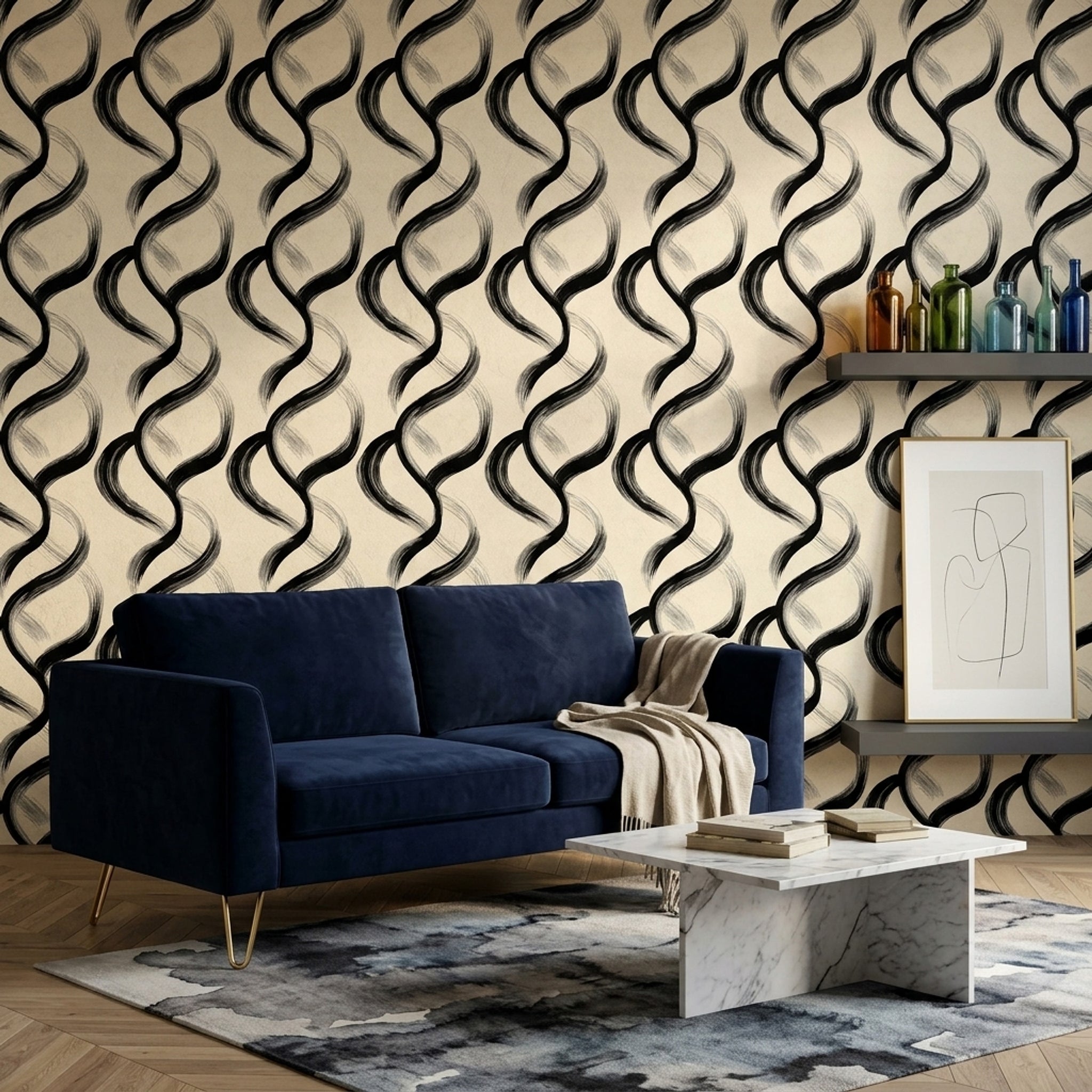 Black Brushstroke Wallpaper Looping Rings Removable Modern Minimalist Wall Double Roll