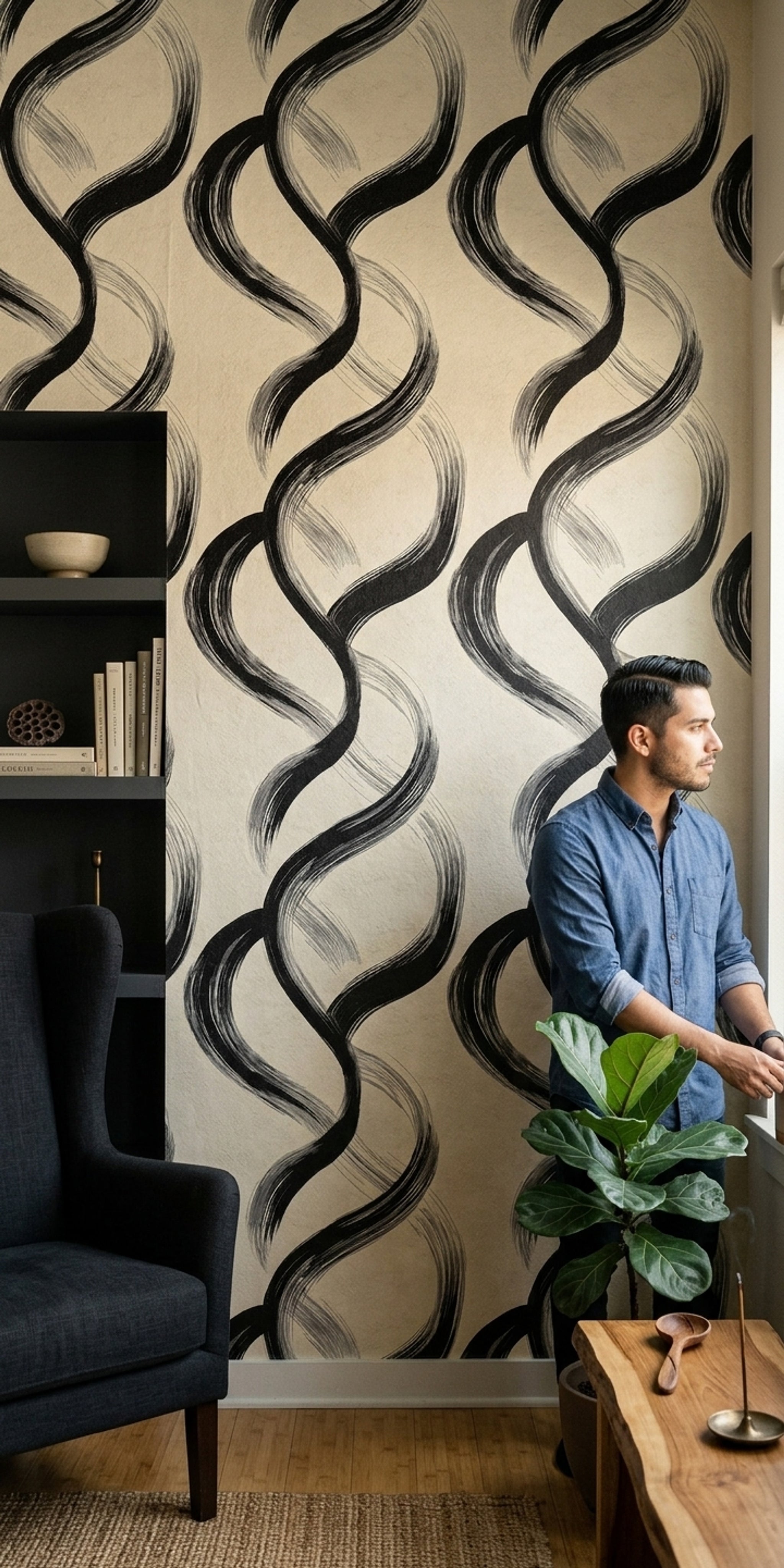 Black Brushstroke Wallpaper Looping Rings Removable Modern Minimalist Wall Double Roll