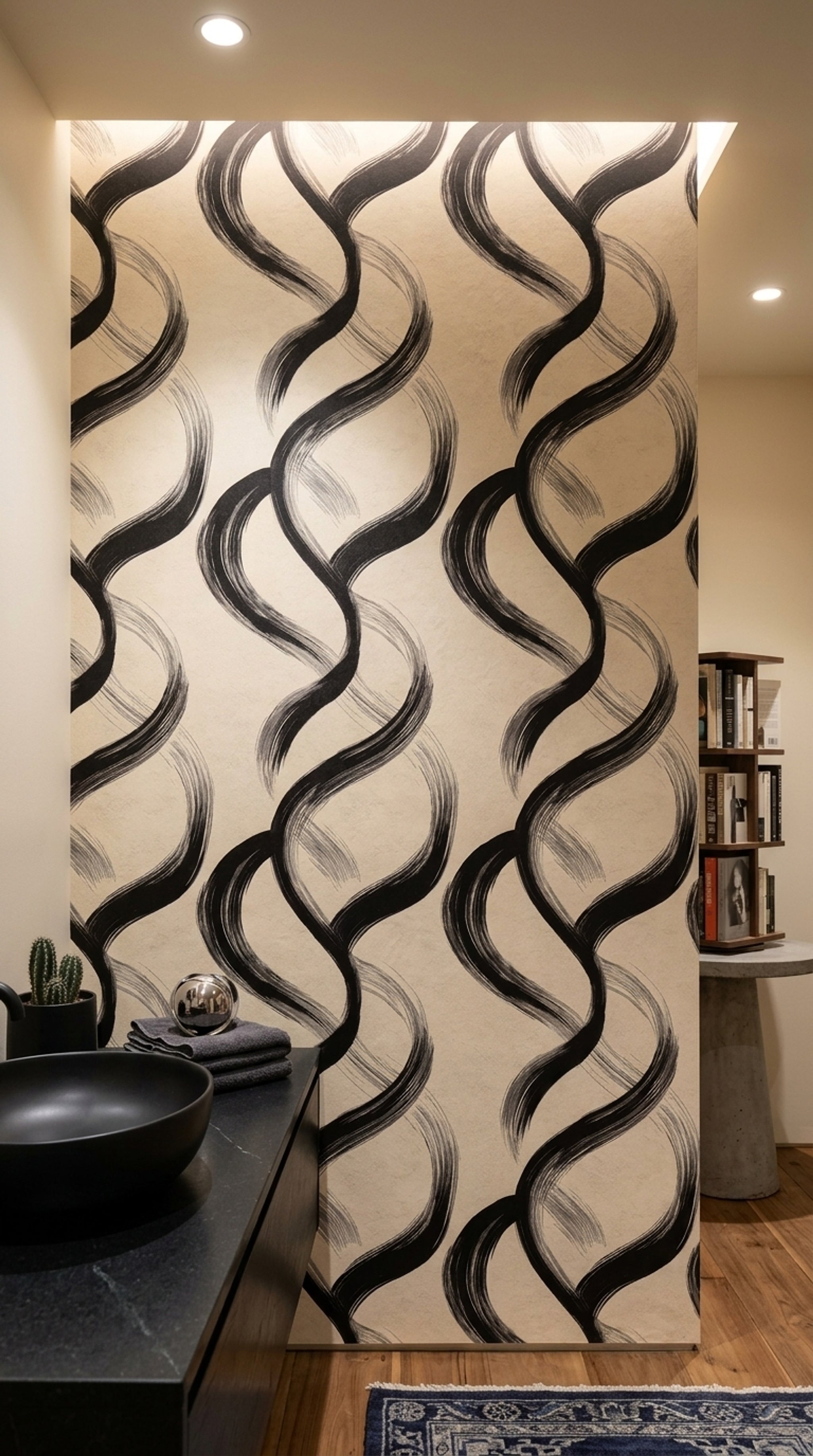 Black Brushstroke Wallpaper Looping Rings Removable Modern Minimalist Wall Double Roll