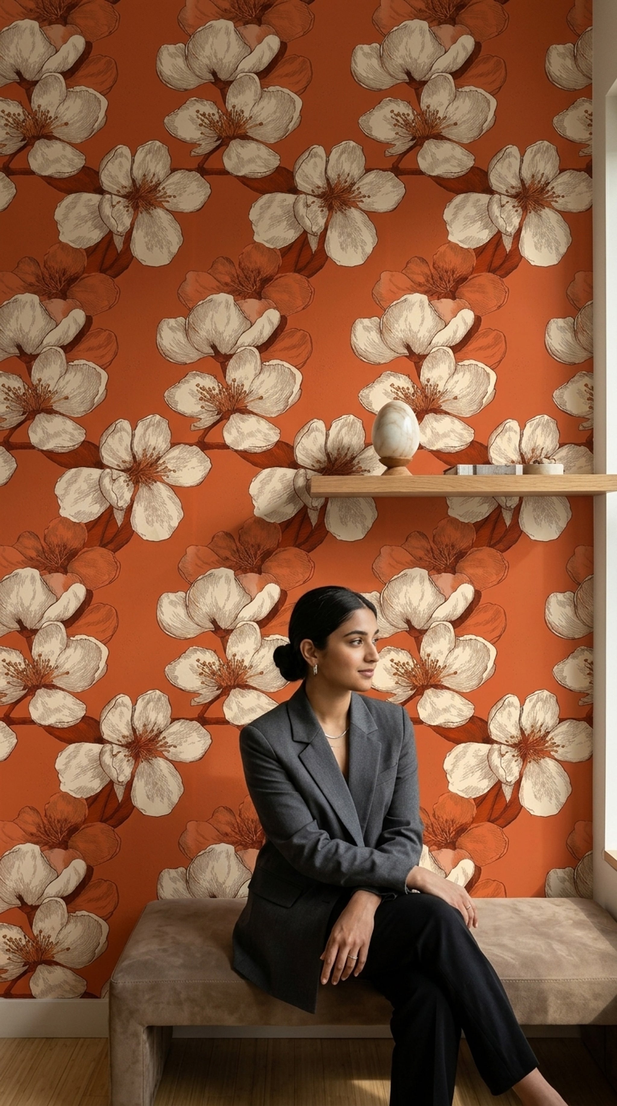 Oversized Blossoms Wallpaper Botanical Sketch Terracotta Orange Background Removable Wall Decor