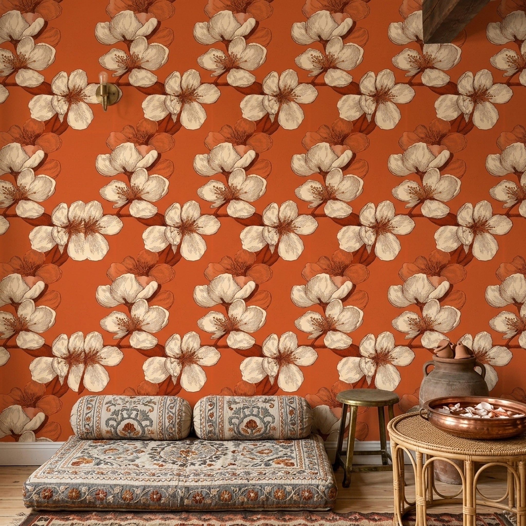 Oversized Blossoms Wallpaper Botanical Sketch Terracotta Orange Background Removable Wall Decor