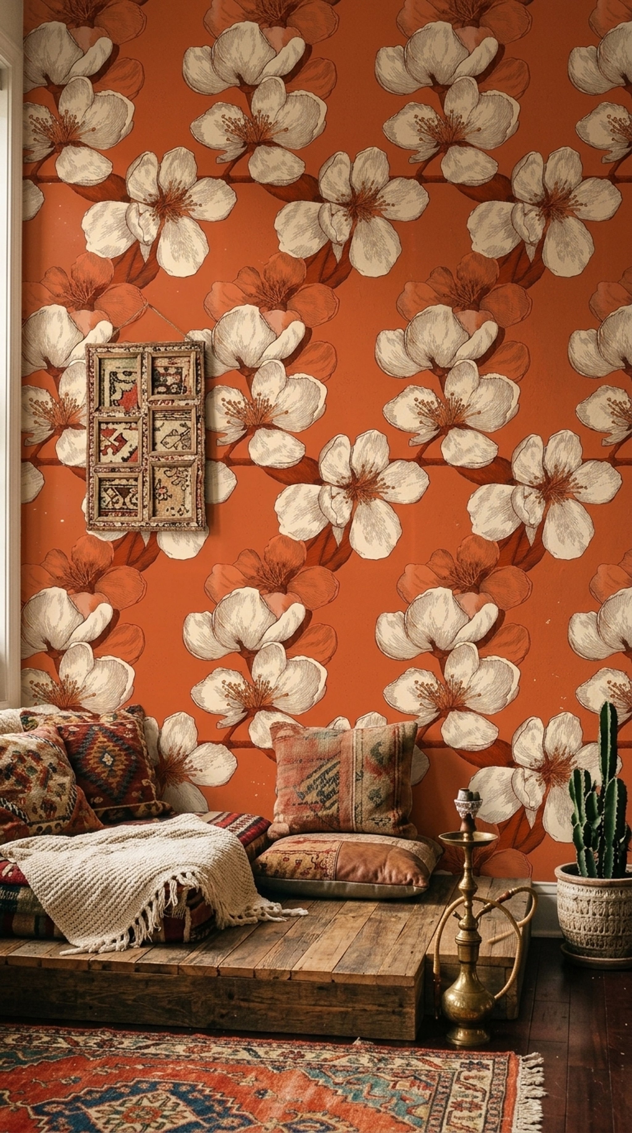 Oversized Blossoms Wallpaper Botanical Sketch Terracotta Orange Background Removable Wall Decor