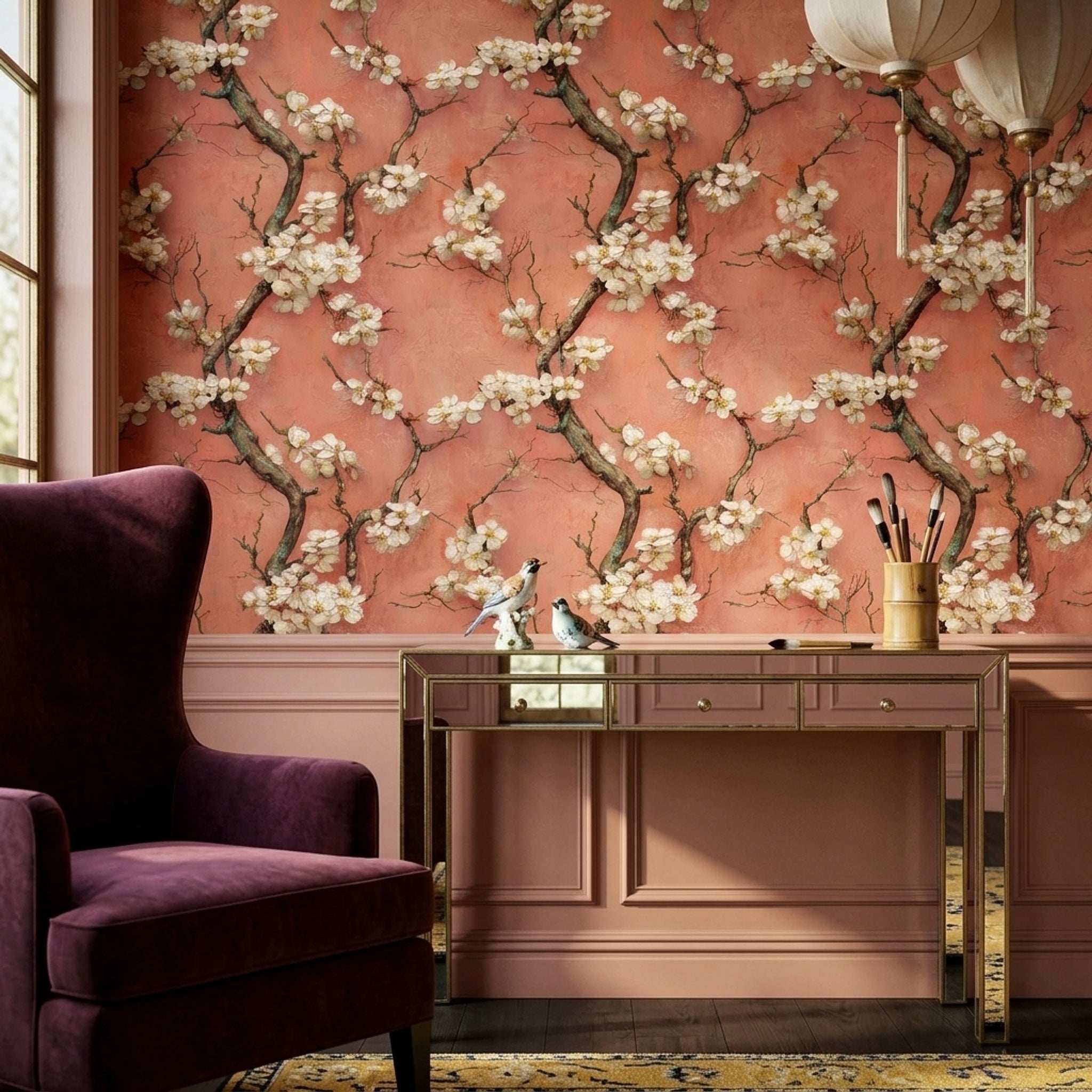 Floral Blossoms Wallpaper Cherry Blossom Branches Removable Pink Textured Background Wall Double Roll