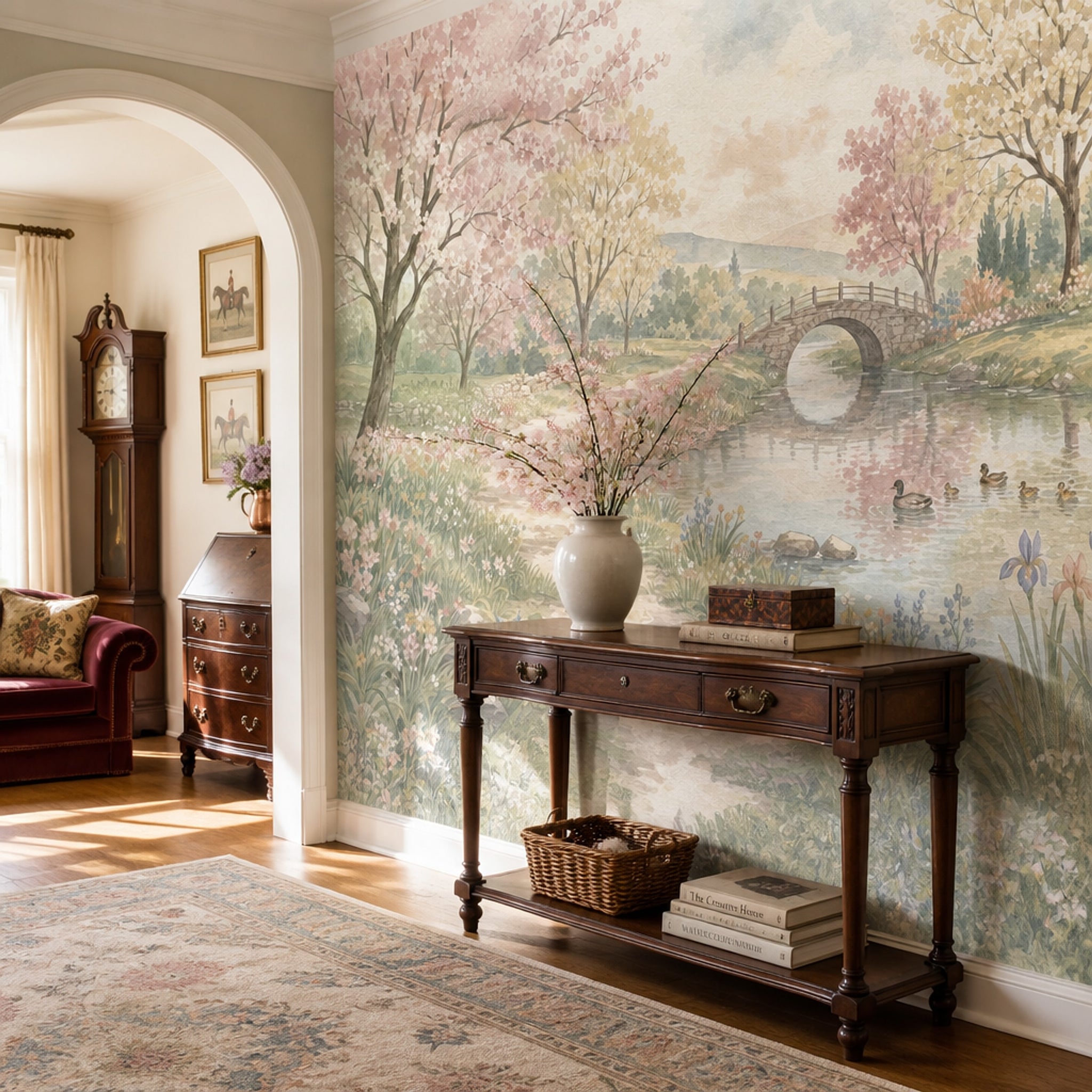 Pastel Watercolor Wallpaper Spring Landscape Removable Stone Bridge Wall Decor