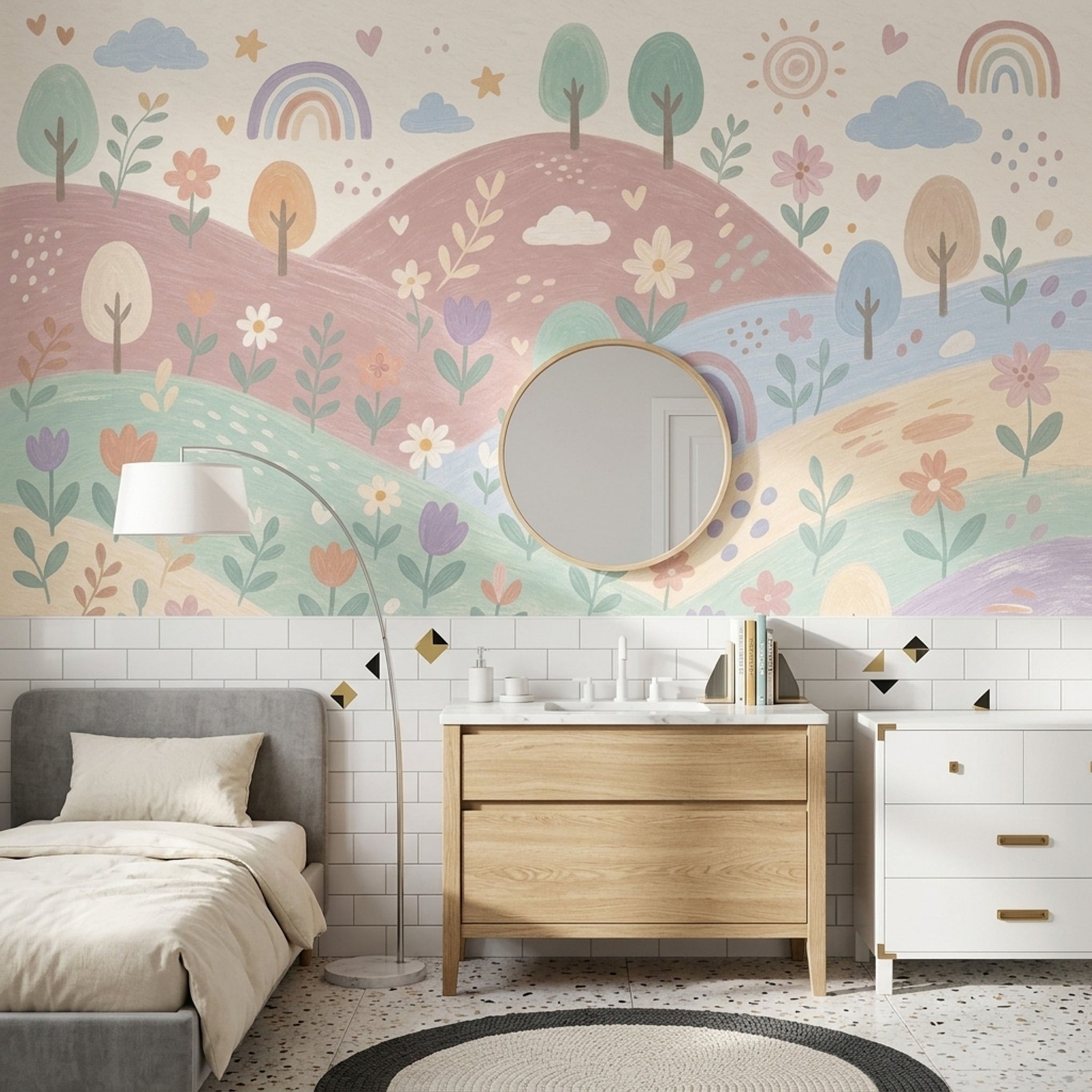 Pastel Landscape Wallpaper Rolling Hills Watercolor Wall Mural