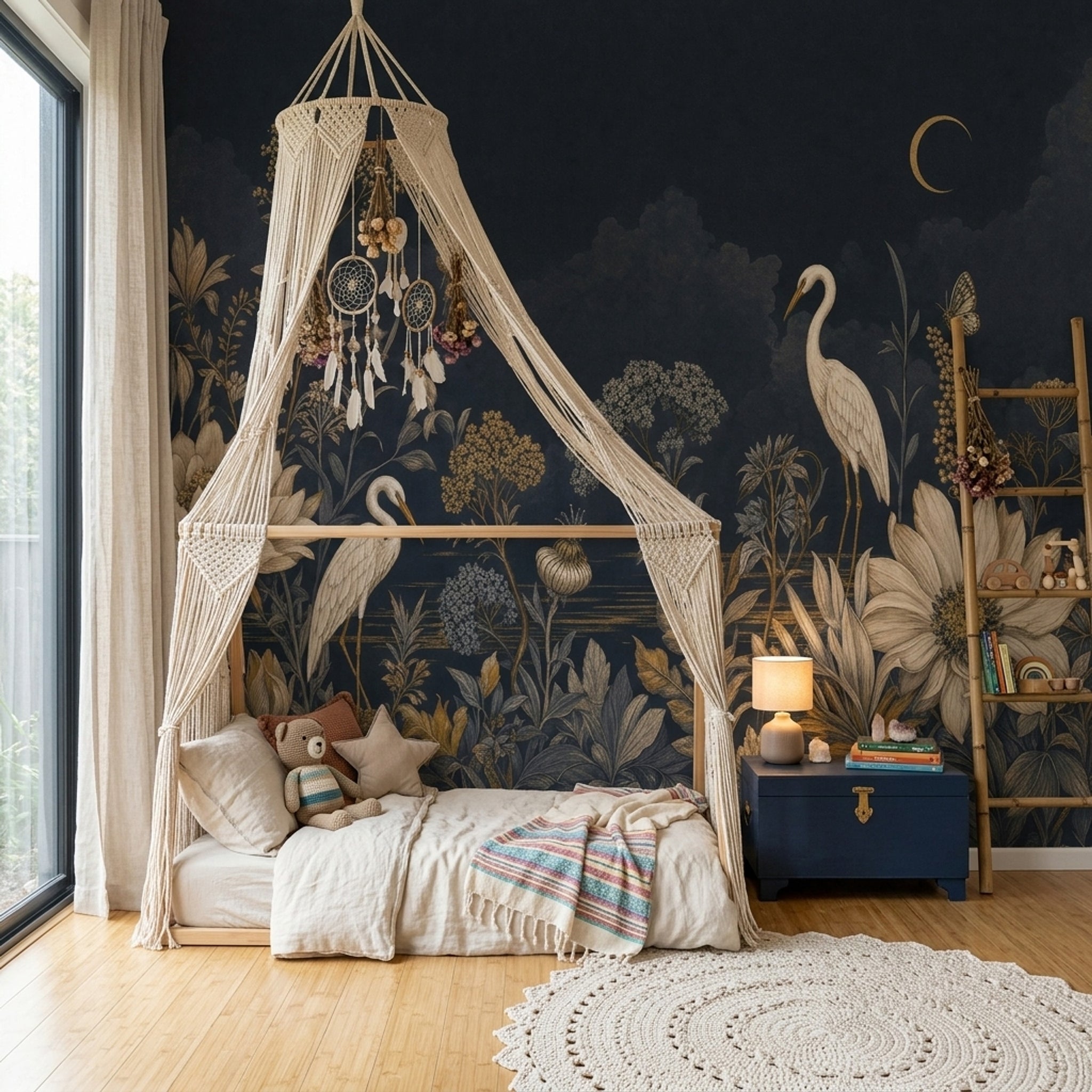Botanical Floral Wallpaper Navy Night Sky Removable Crescent Moon Wall Decor