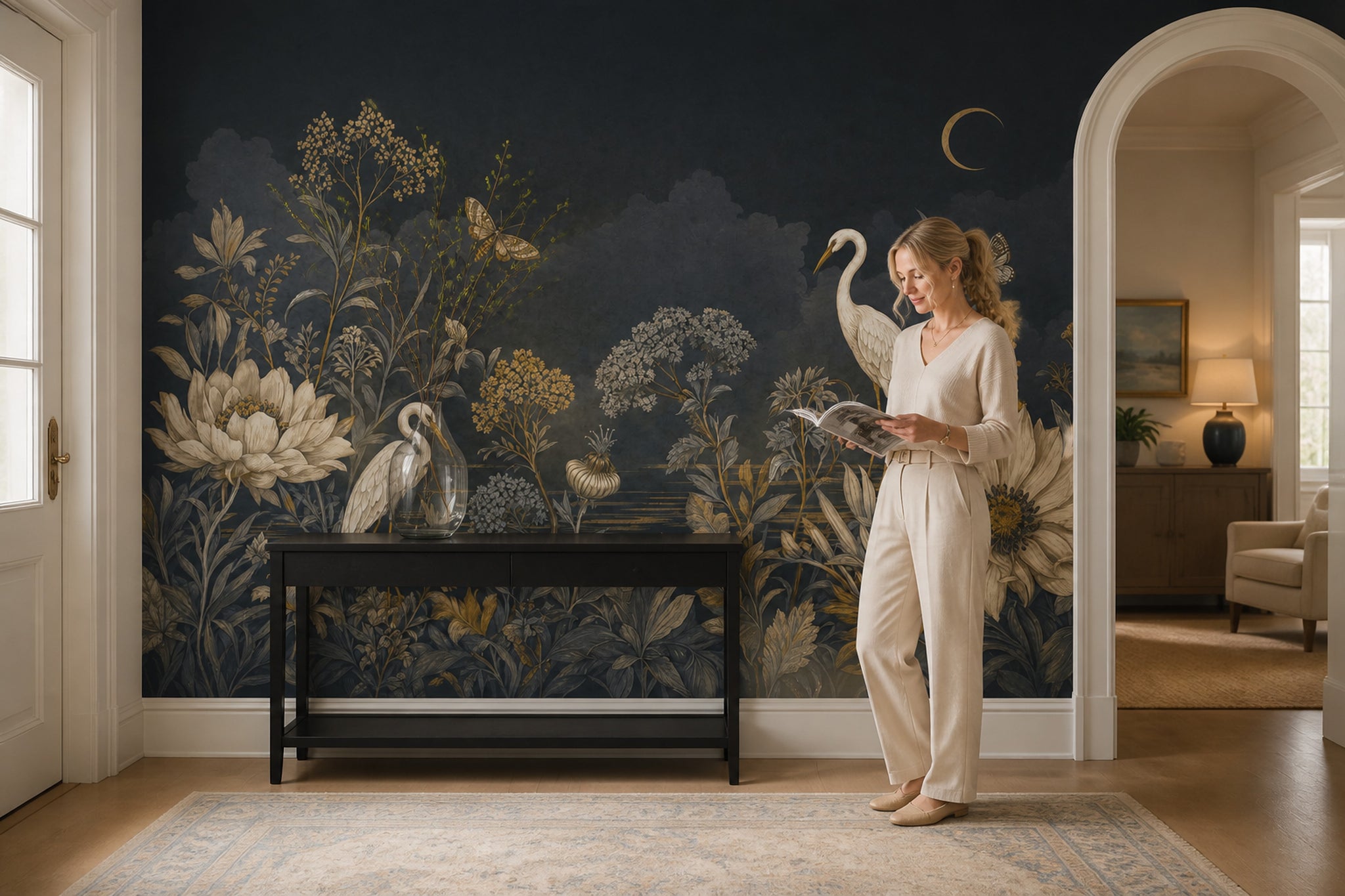 Botanical Floral Wallpaper Navy Night Sky Removable Crescent Moon Wall Decor