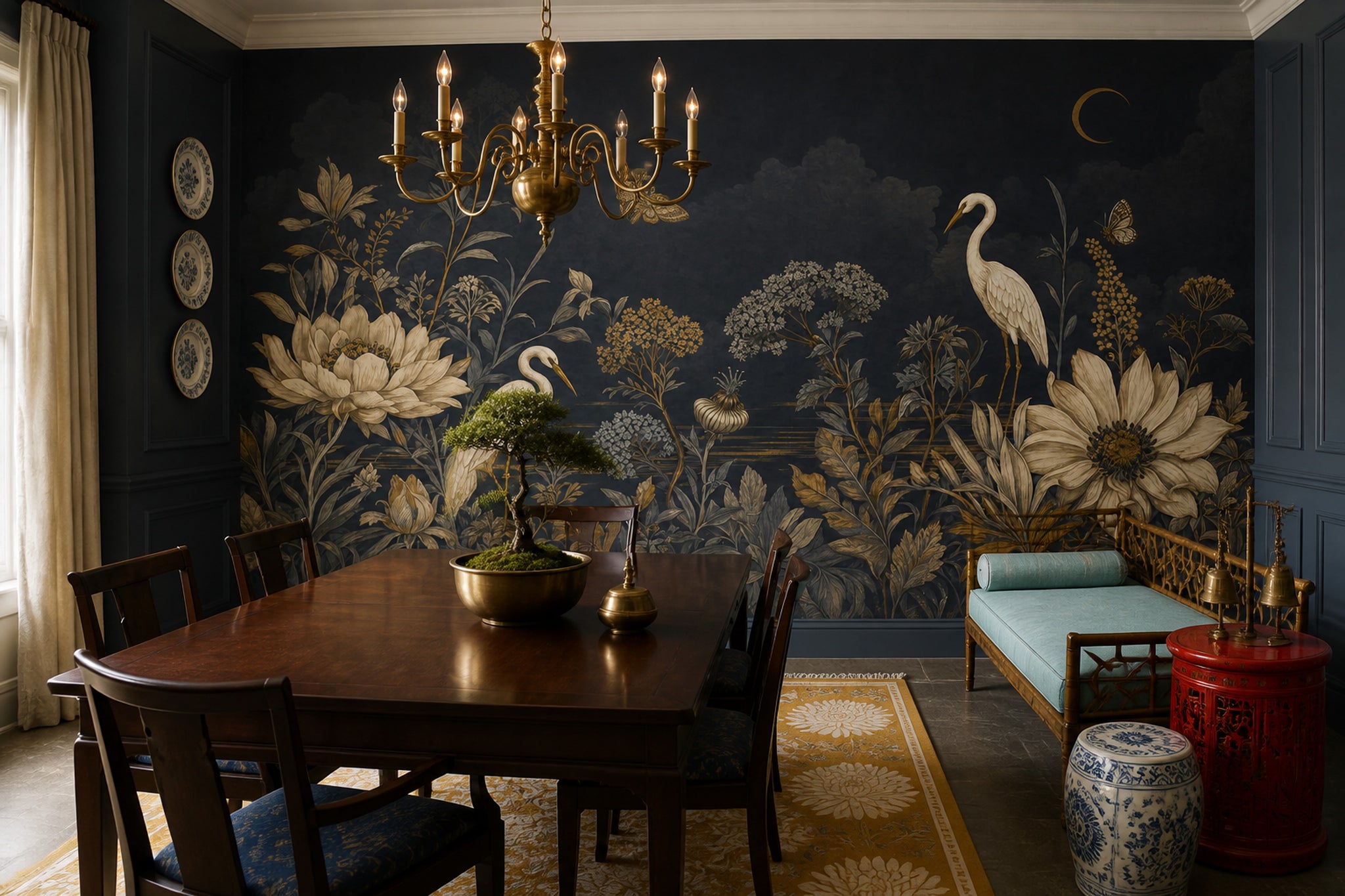 Botanical Floral Wallpaper Navy Night Sky Removable Crescent Moon Wall Decor