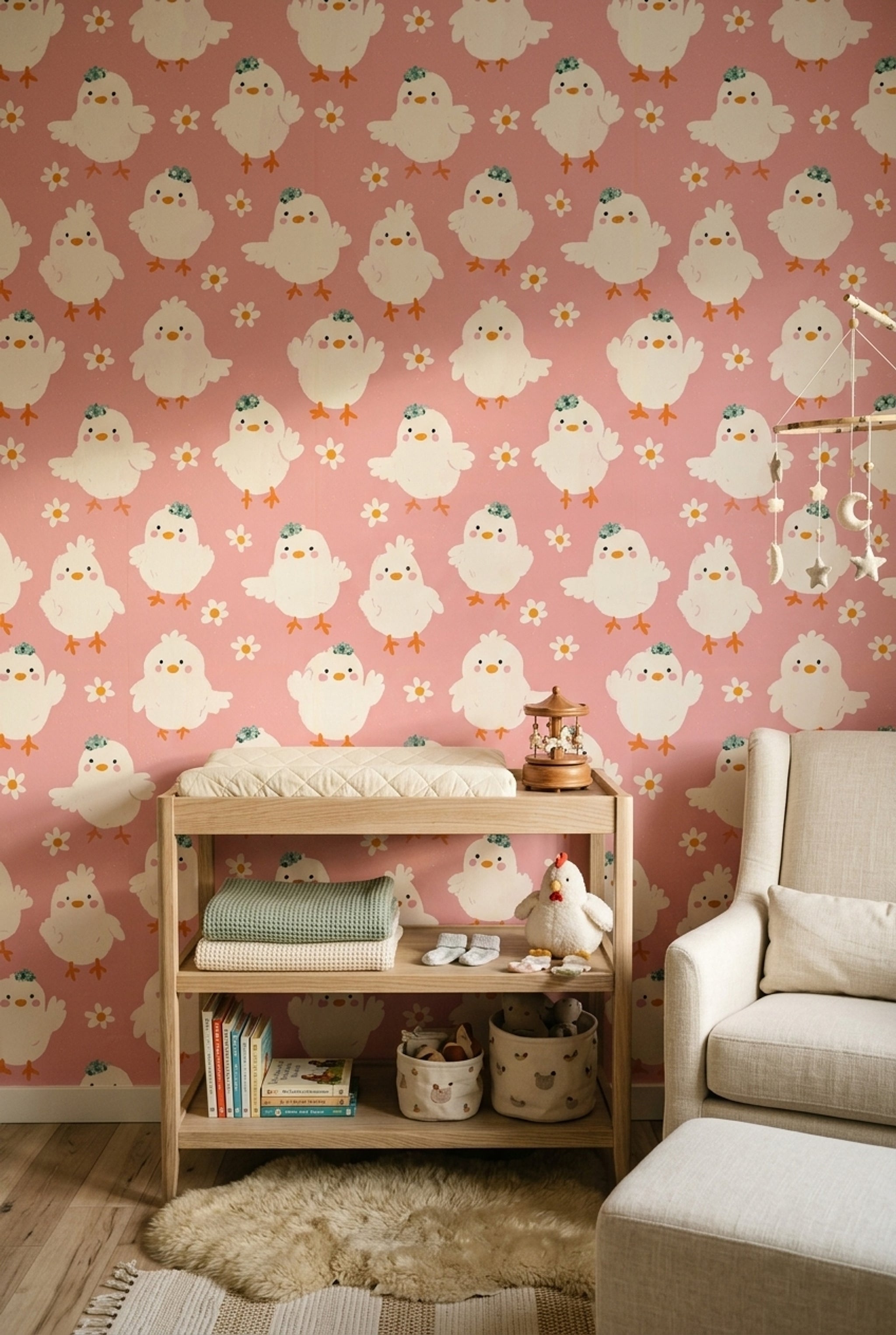 Cute Chicks Wallpaper Pink Background Daisy Flowers Decorative Mural