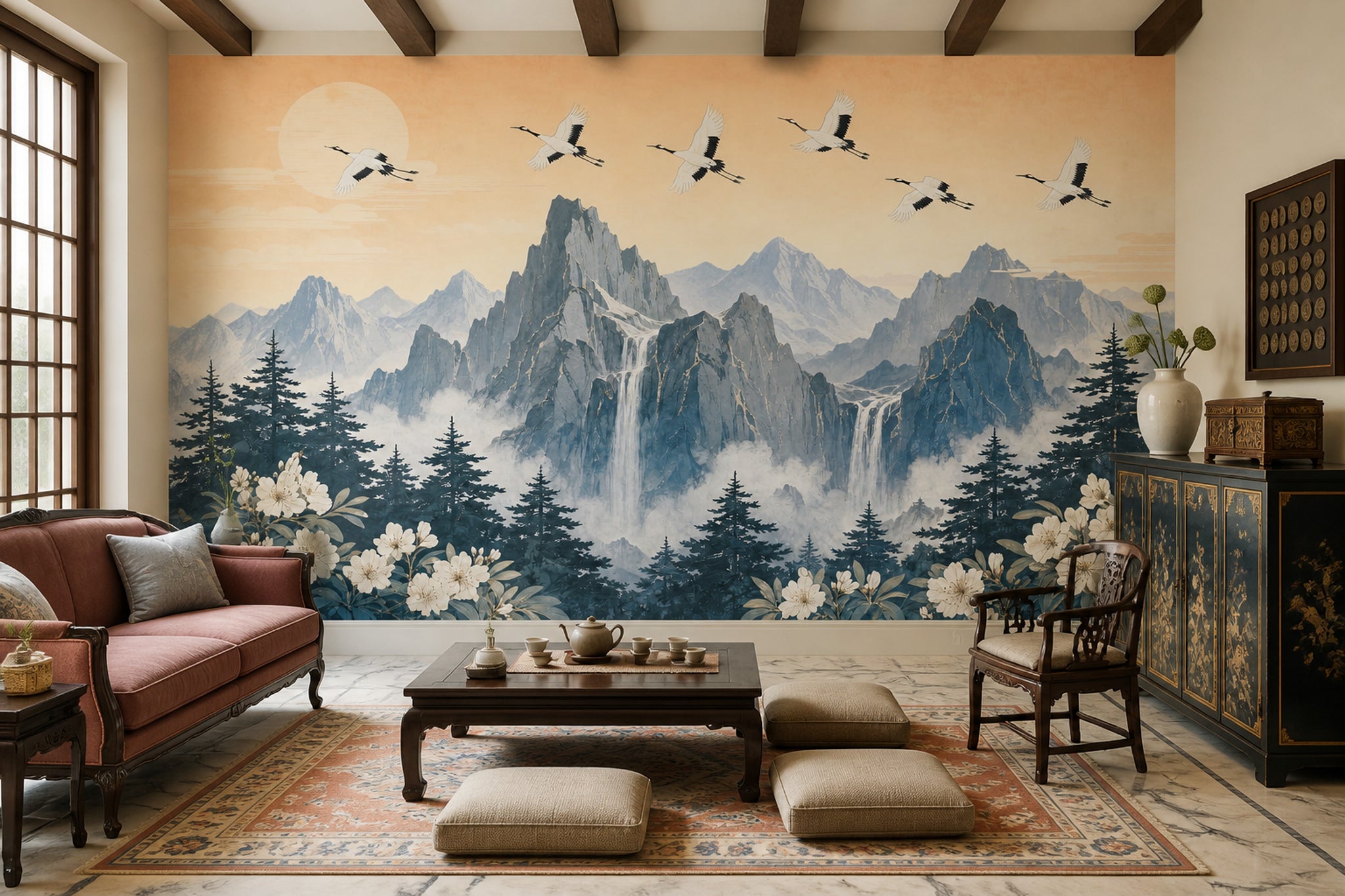 Mountain Landscape Wallpaper Waterfall Cranes Wall Mural