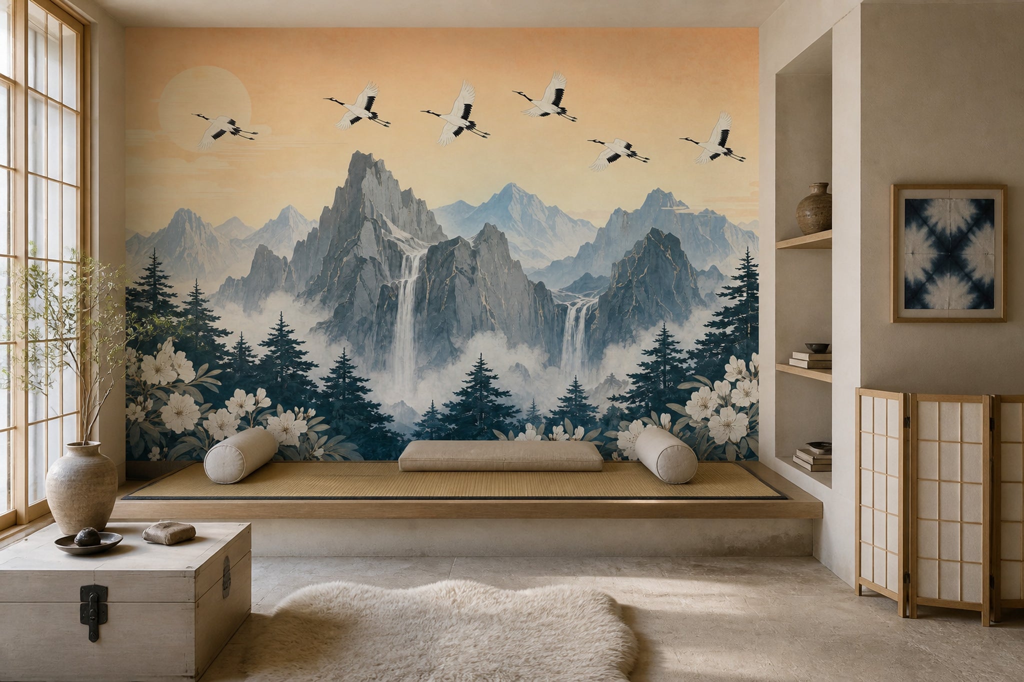 Mountain Landscape Wallpaper Waterfall Cranes Wall Mural