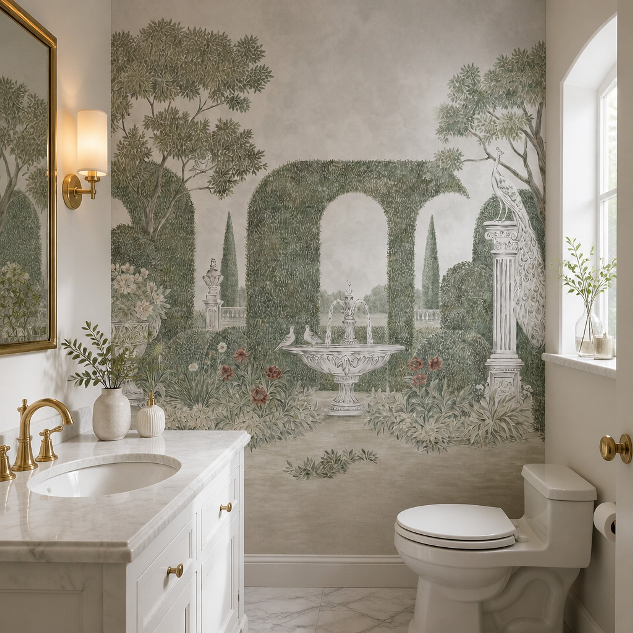 Garden Trellis Wallpaper Green Topiary Courtyard Wall Mural