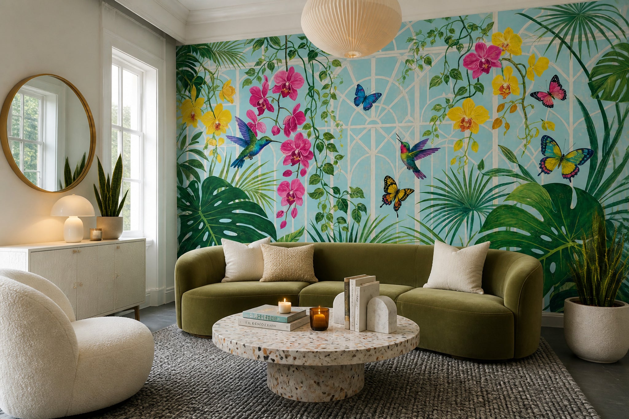 Tropical Orchid Wallpaper Hummingbirds and Butterflies Wall Mural