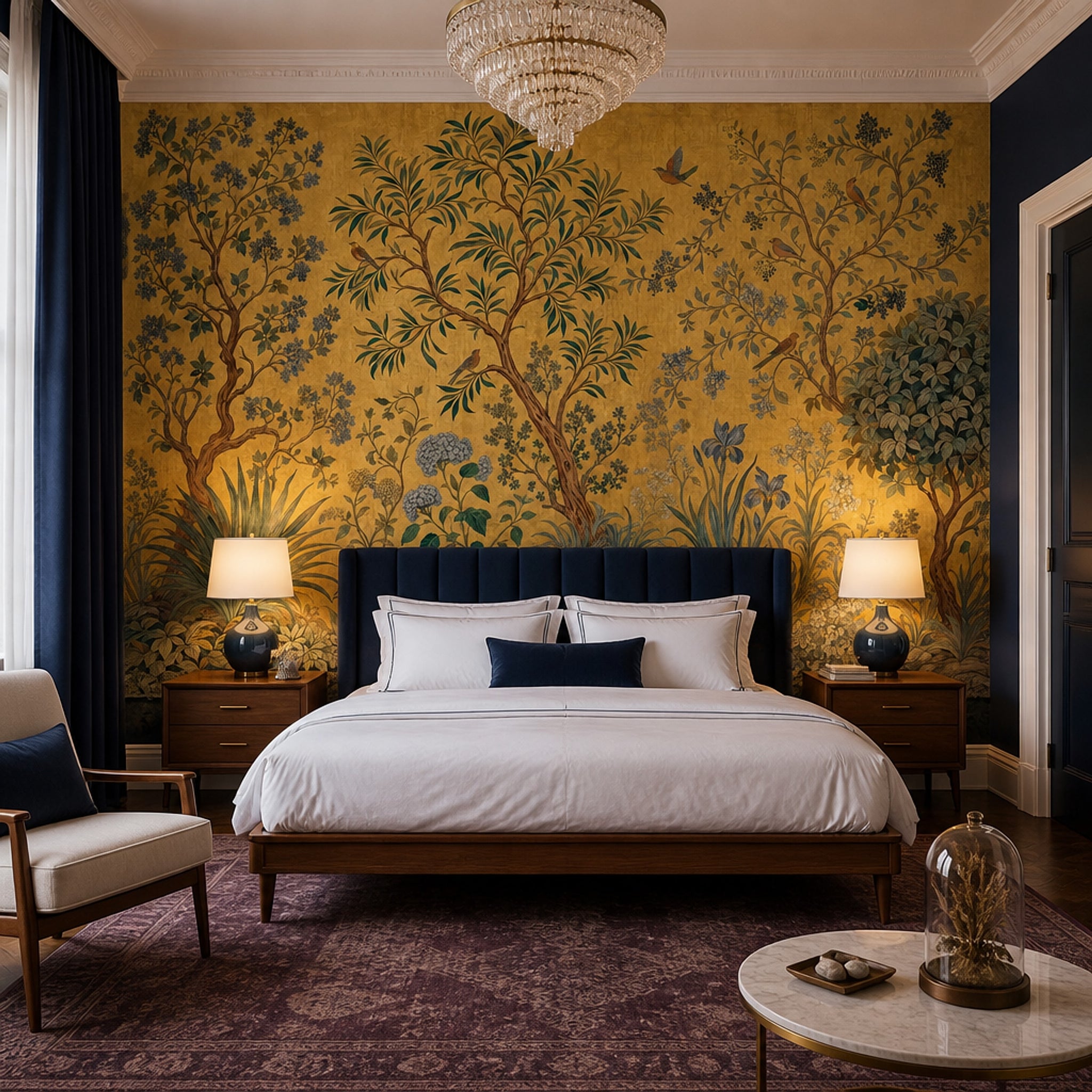 Botanical Tree Wallpaper Golden Chinoiserie Birds Wall Mural