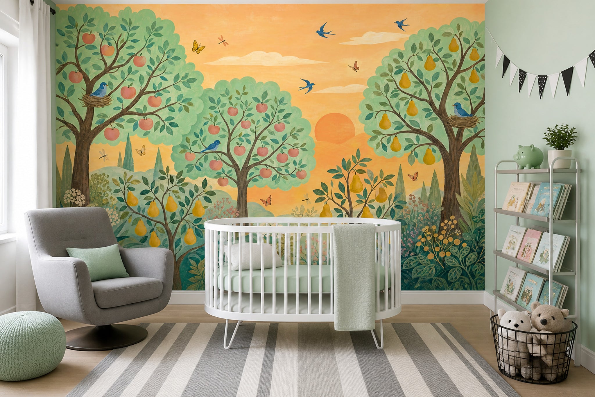Orchard Tree Wallpaper Sunset Birds Nursery Wall Mural