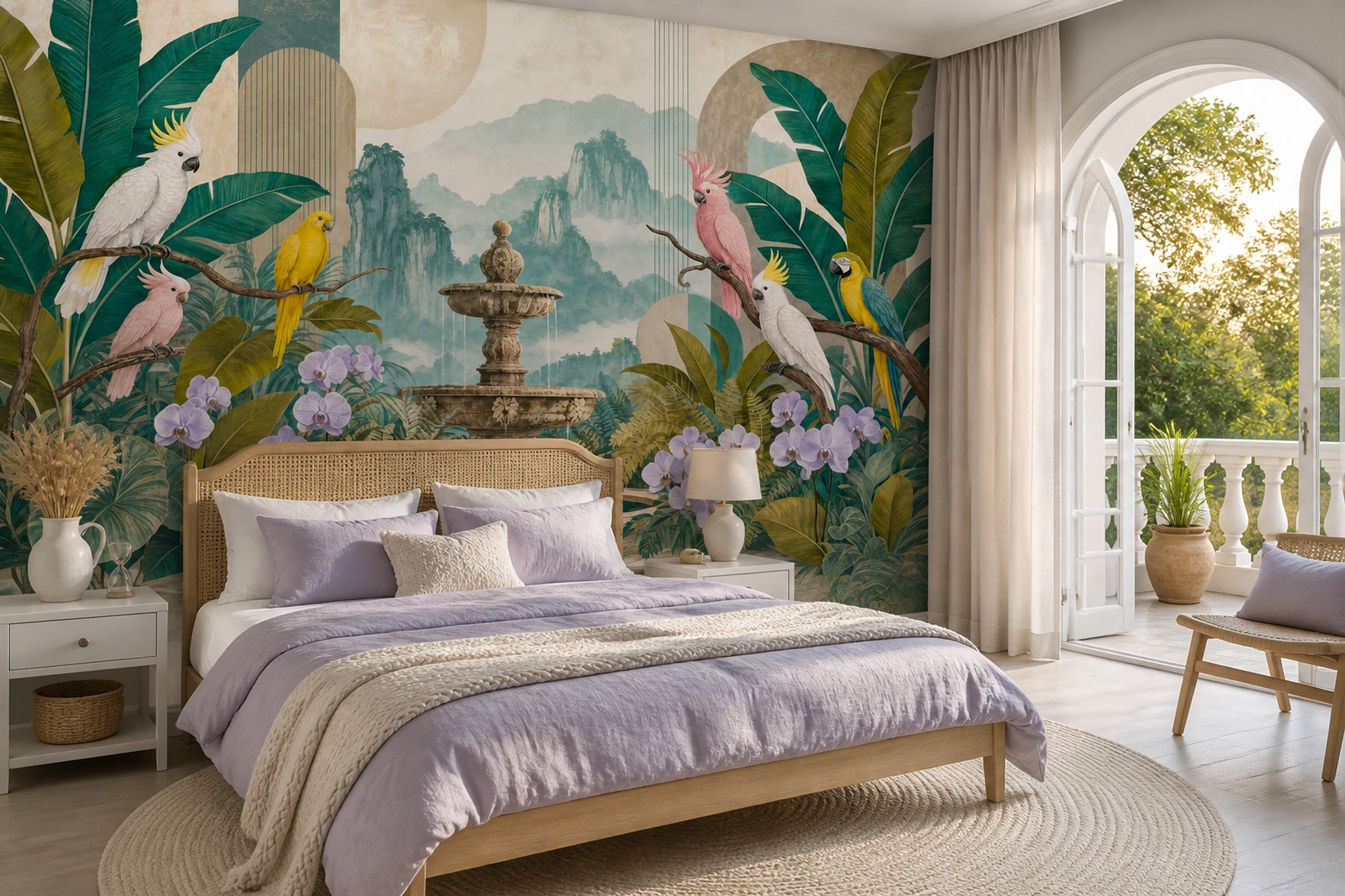 Tropical Parrot Wallpaper Orchid Leaves Botanical Wall Mural