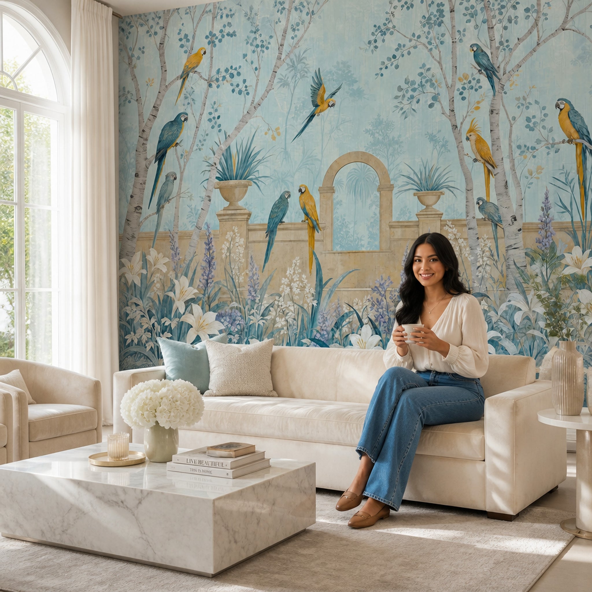 Tropical Parrot Wallpaper Blue Garden Scene Wall Mural