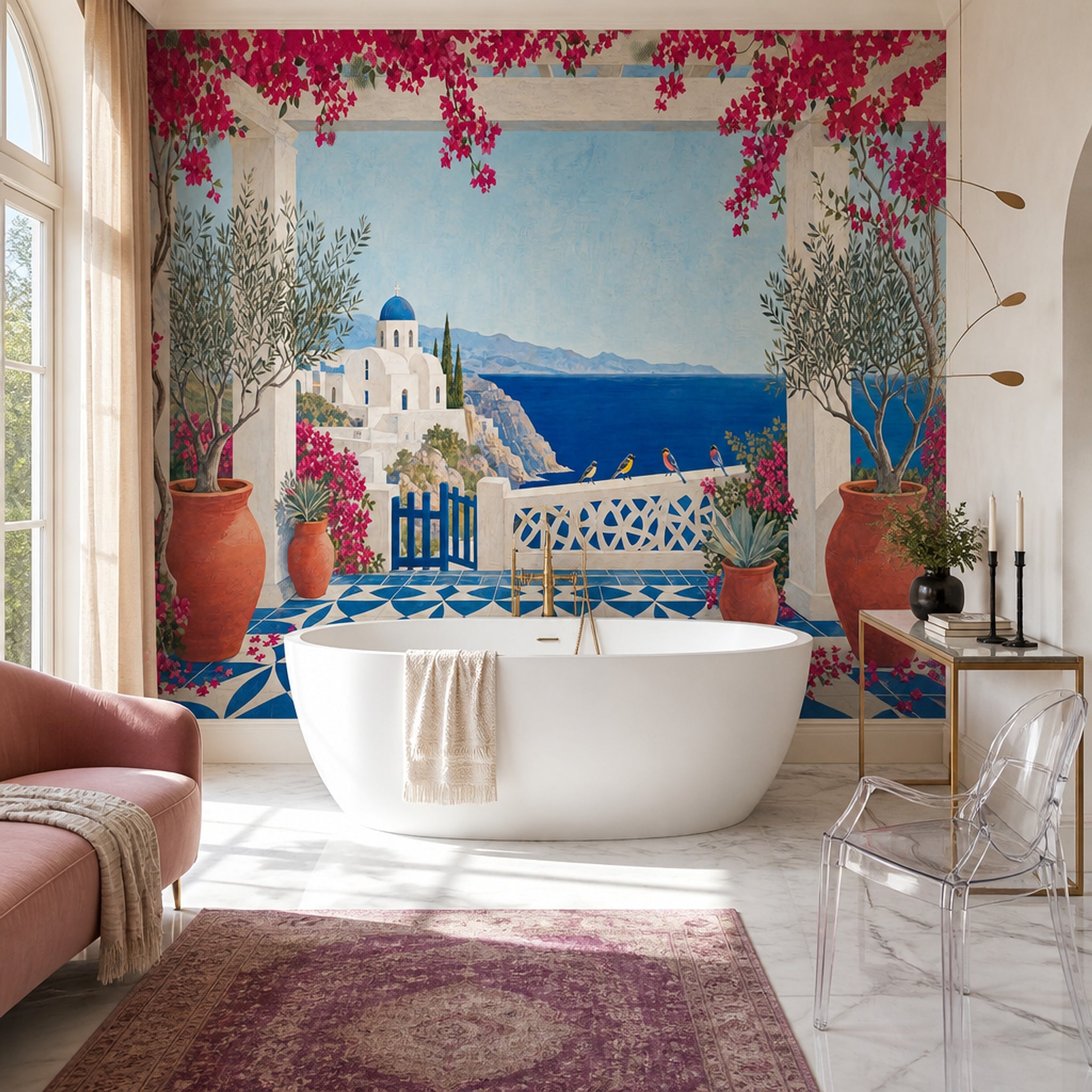 Mediterranean Coastal Wallpaper Santorini Terrace Scene Wall Mural