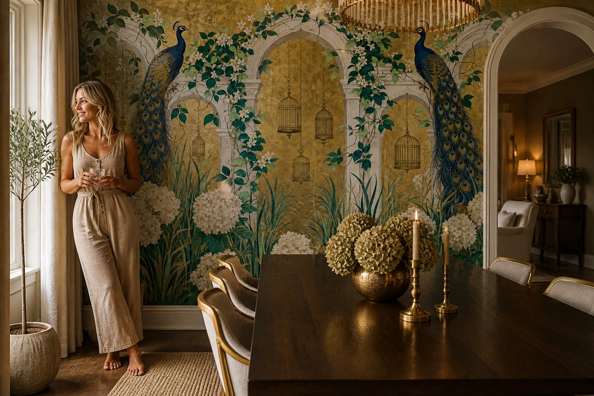 Peacock Garden Wallpaper Gold Archways Wall Mural