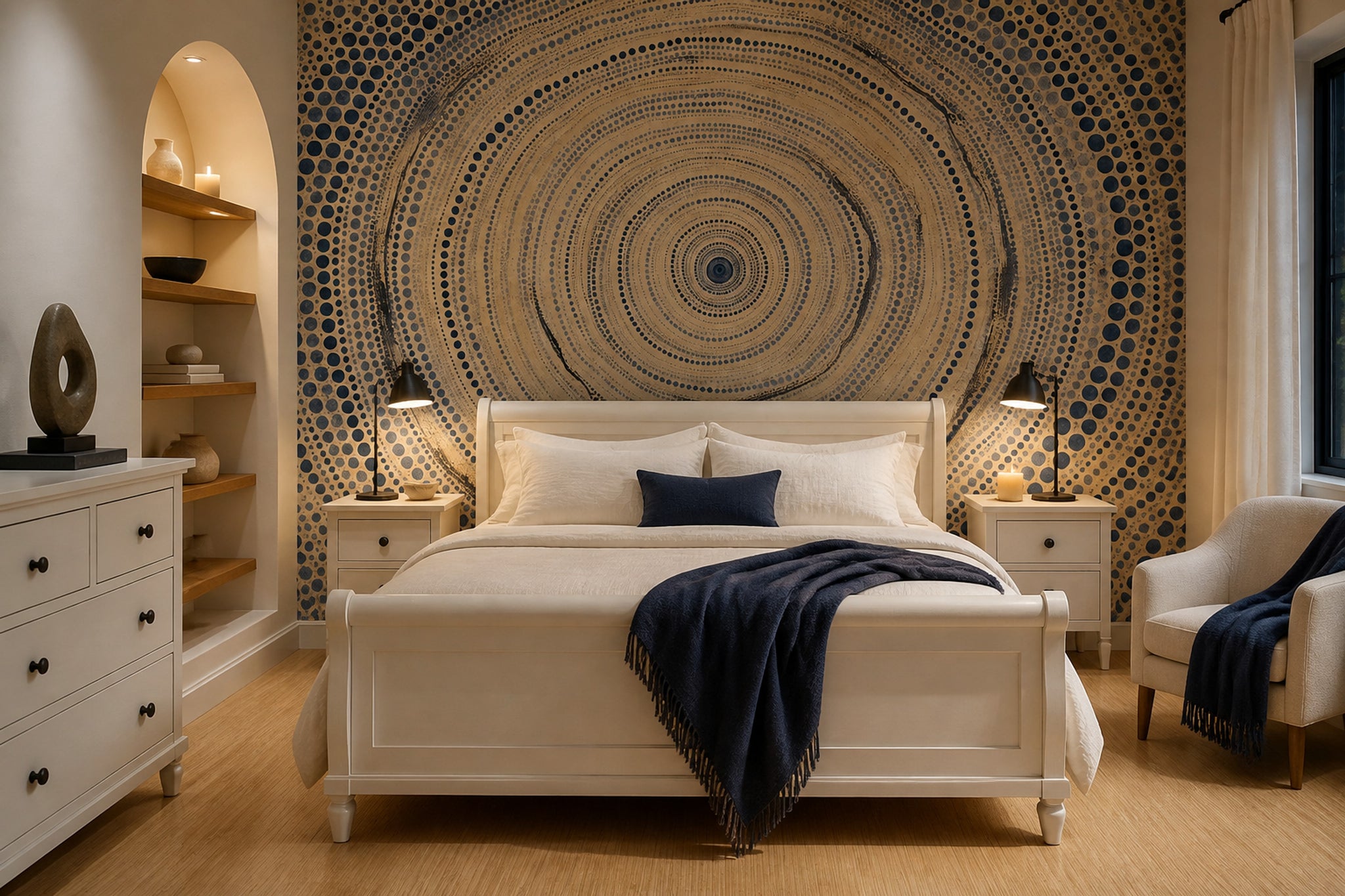 Abstract Dot Spiral Wallpaper Blue and Tan Wall Mural