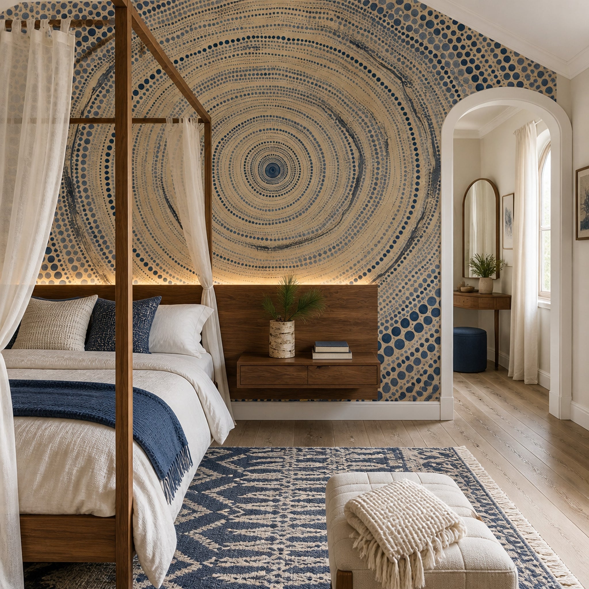 Abstract Dot Spiral Wallpaper Blue and Tan Wall Mural