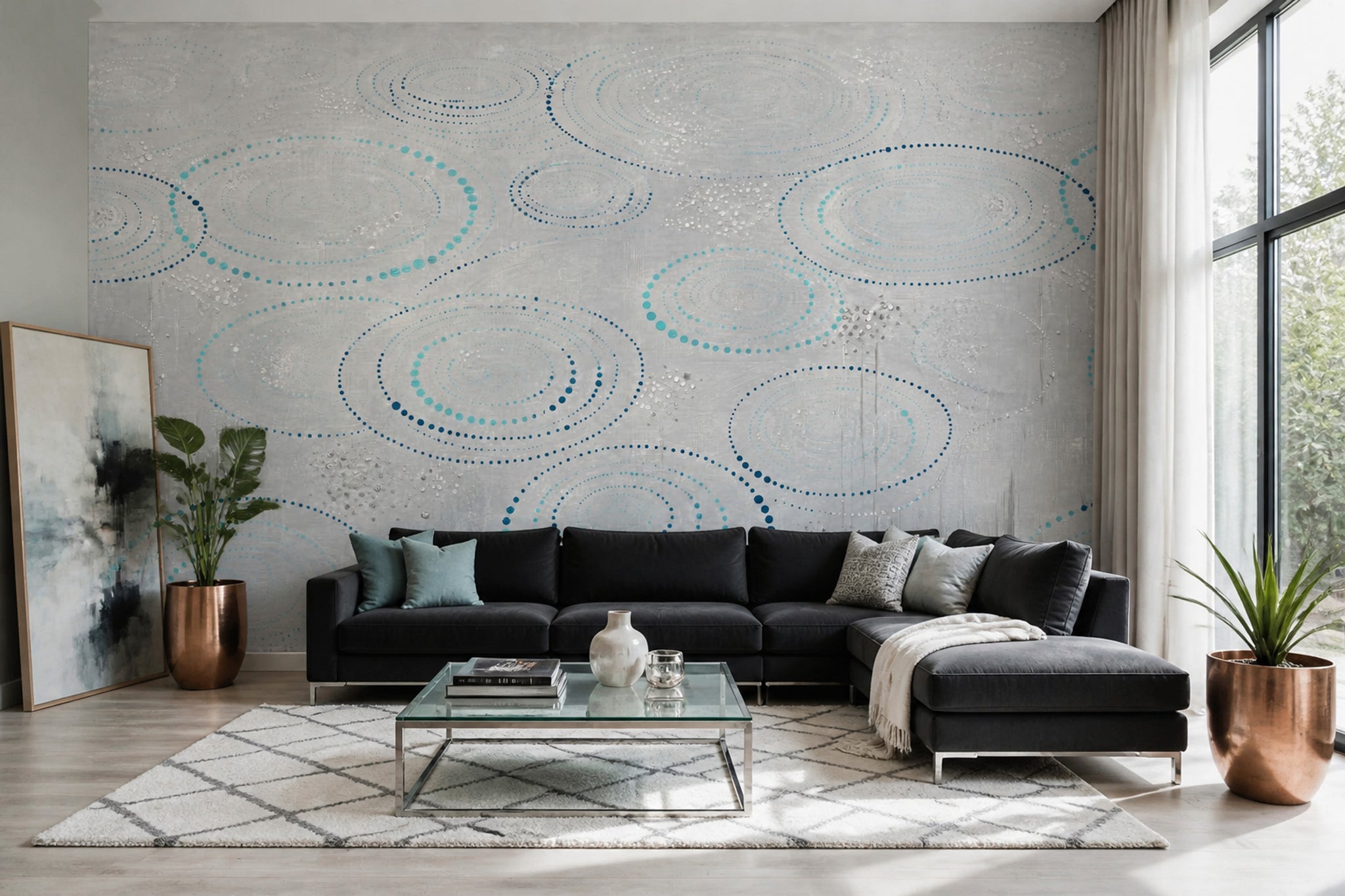 Abstract Circle Wallpaper Blue Dotted Rings Wall Mural