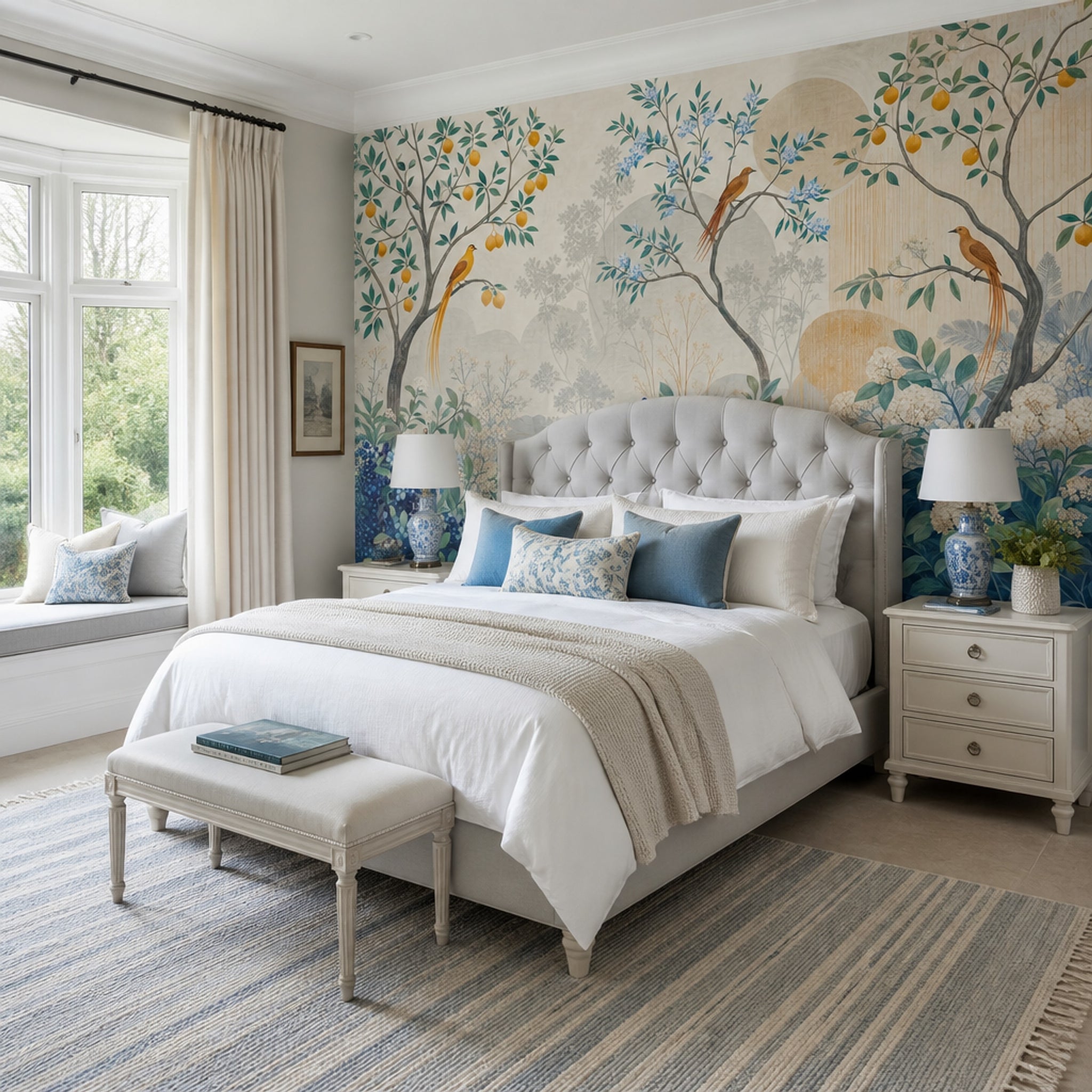 Chinoiserie Bird Wallpaper Blue Berries Botanical Wall Mural