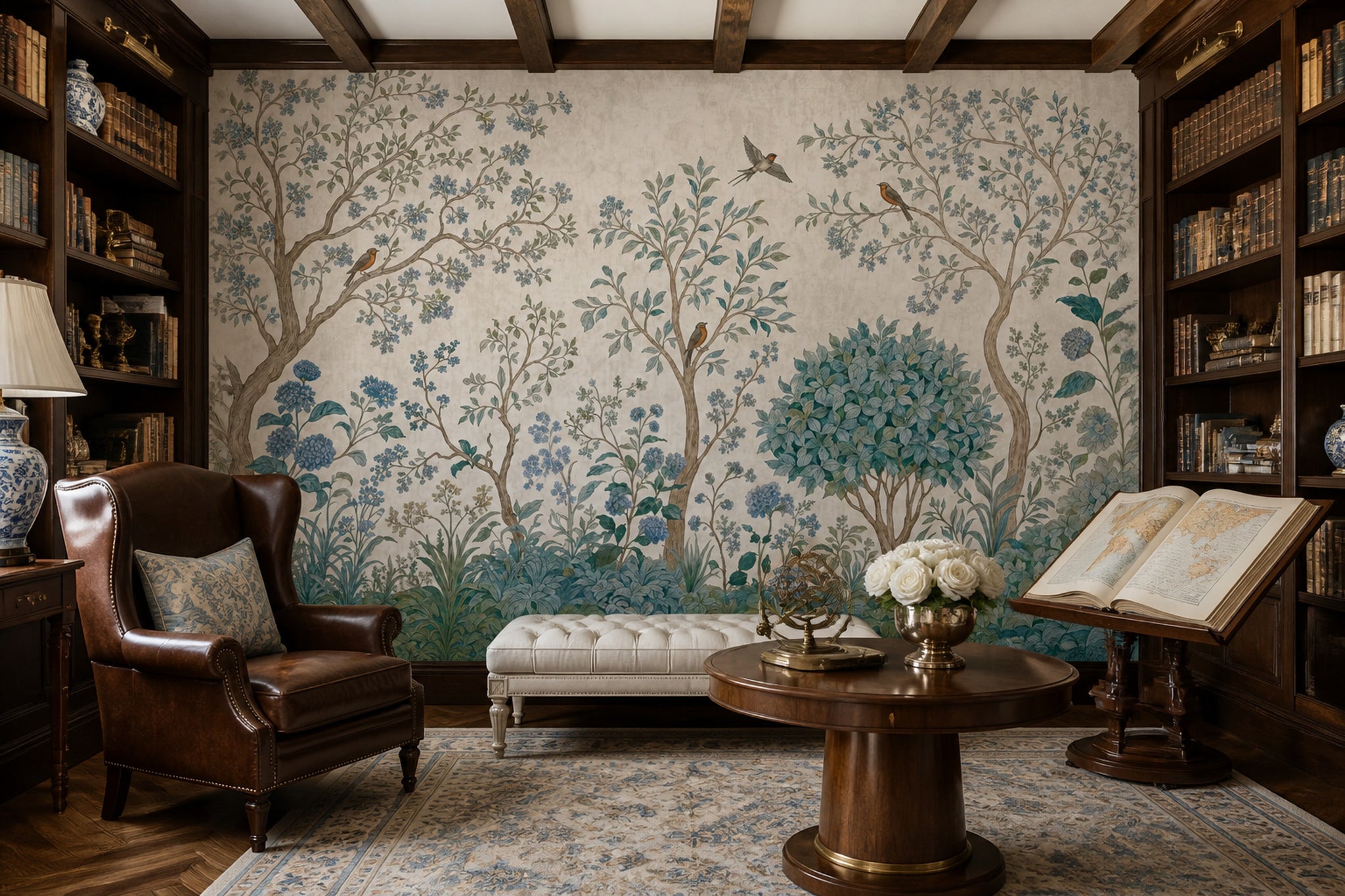 Blue Blossom Bird Wallpaper Vintage Botanical Wall Mural