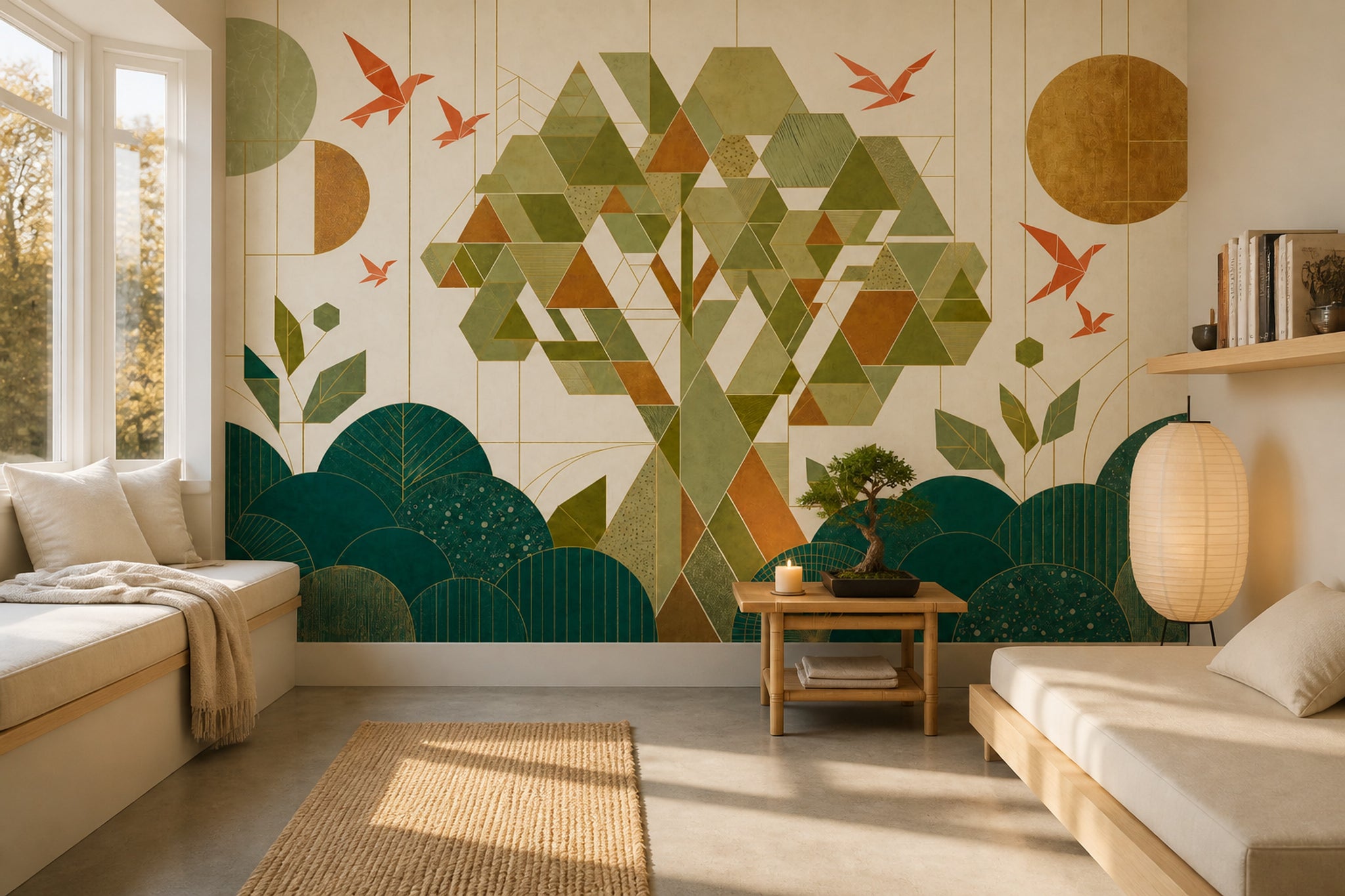 Geometric Tree Wallpaper Green Mosaic Shapes Wall Mural