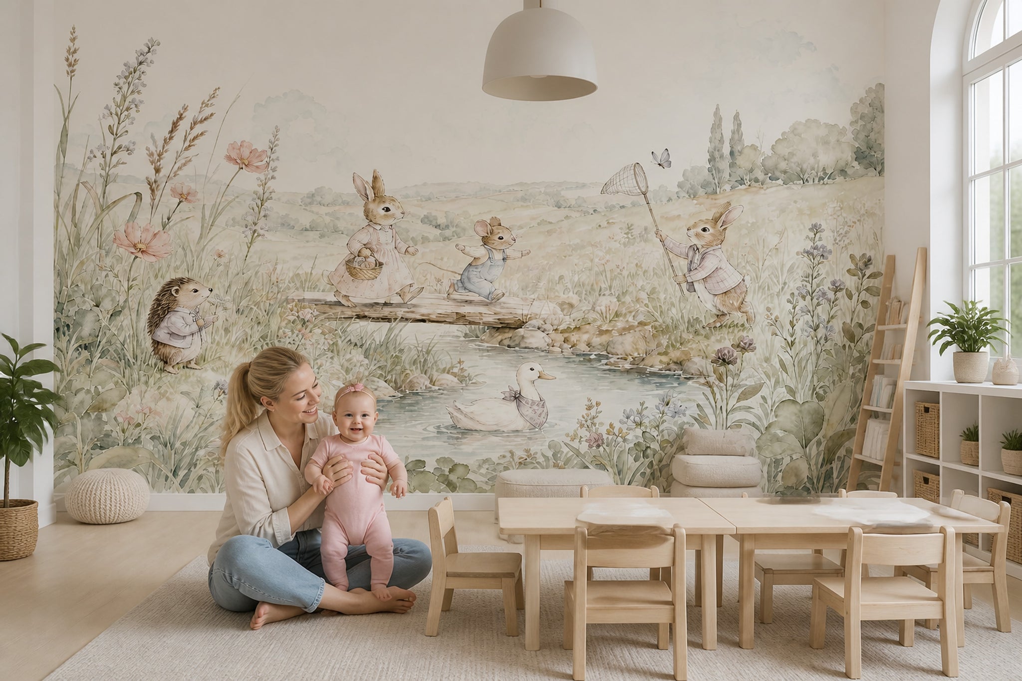 Woodland Bunny Wallpaper Watercolor Meadow Scene Wall Mural