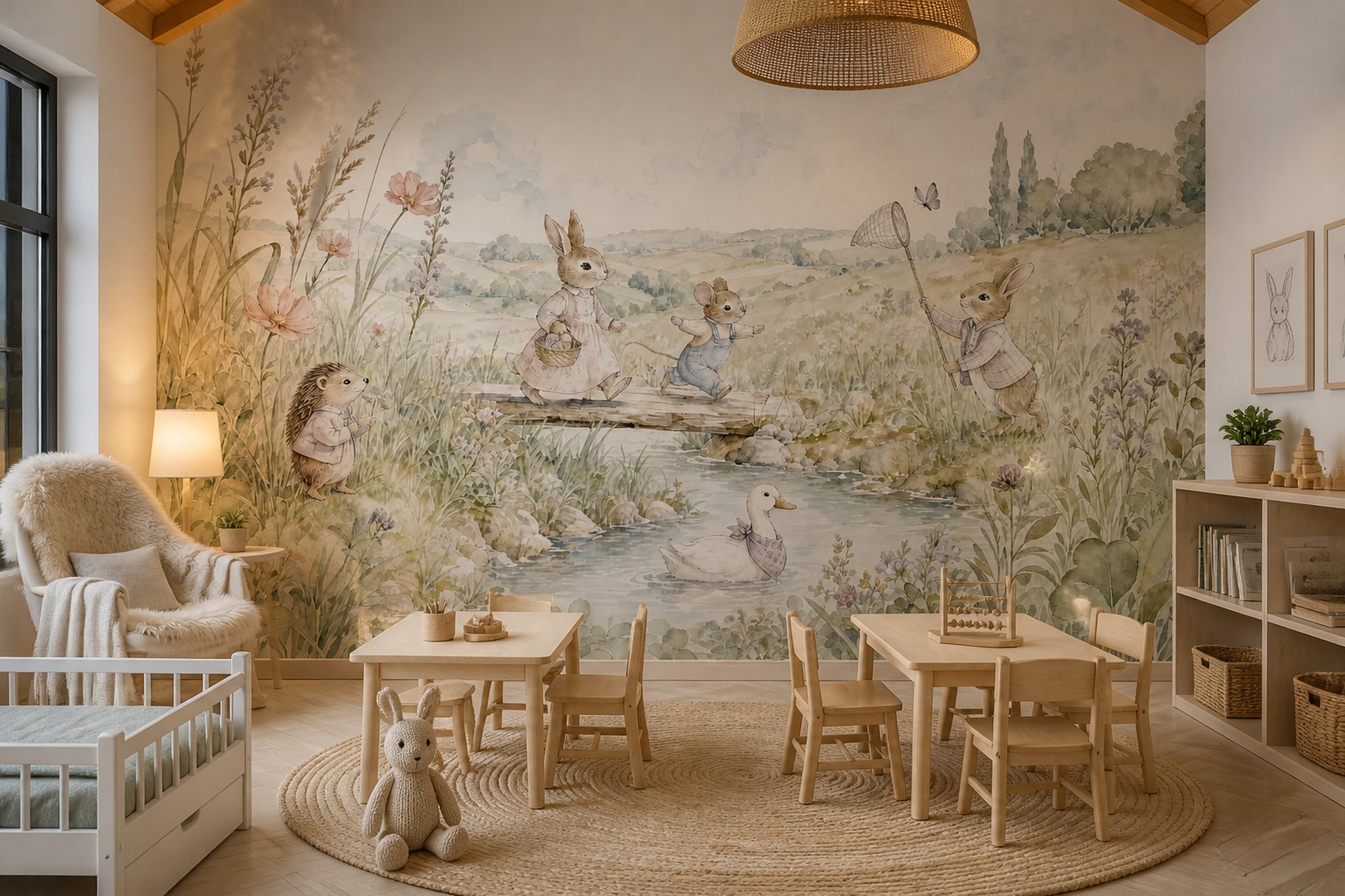 Woodland Bunny Wallpaper Watercolor Meadow Scene Wall Mural