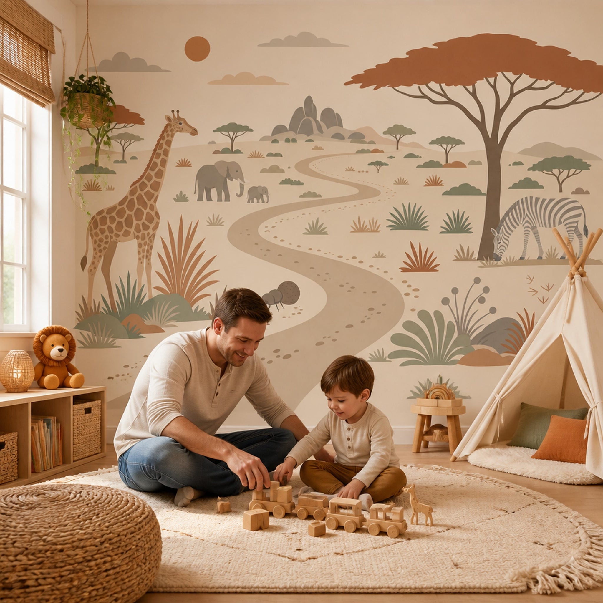 Safari Animals Wallpaper Neutral Savanna Landscape Wall Mural