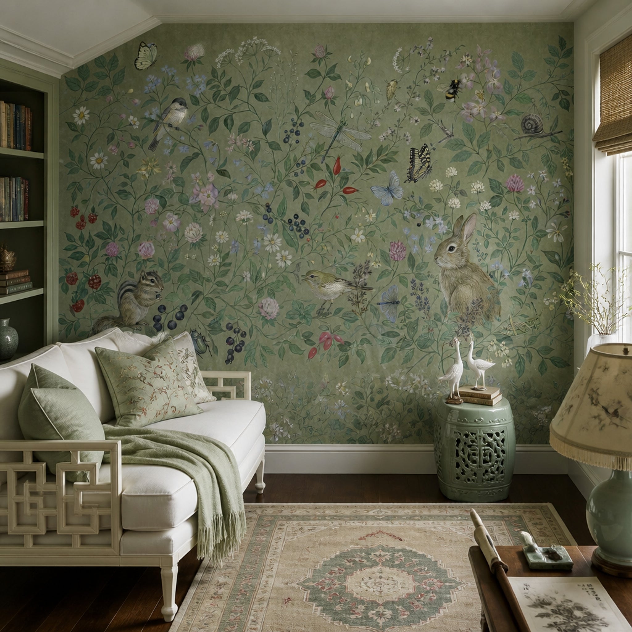 Woodland Wildlife Wallpaper Green Floral Meadow Wall Mural