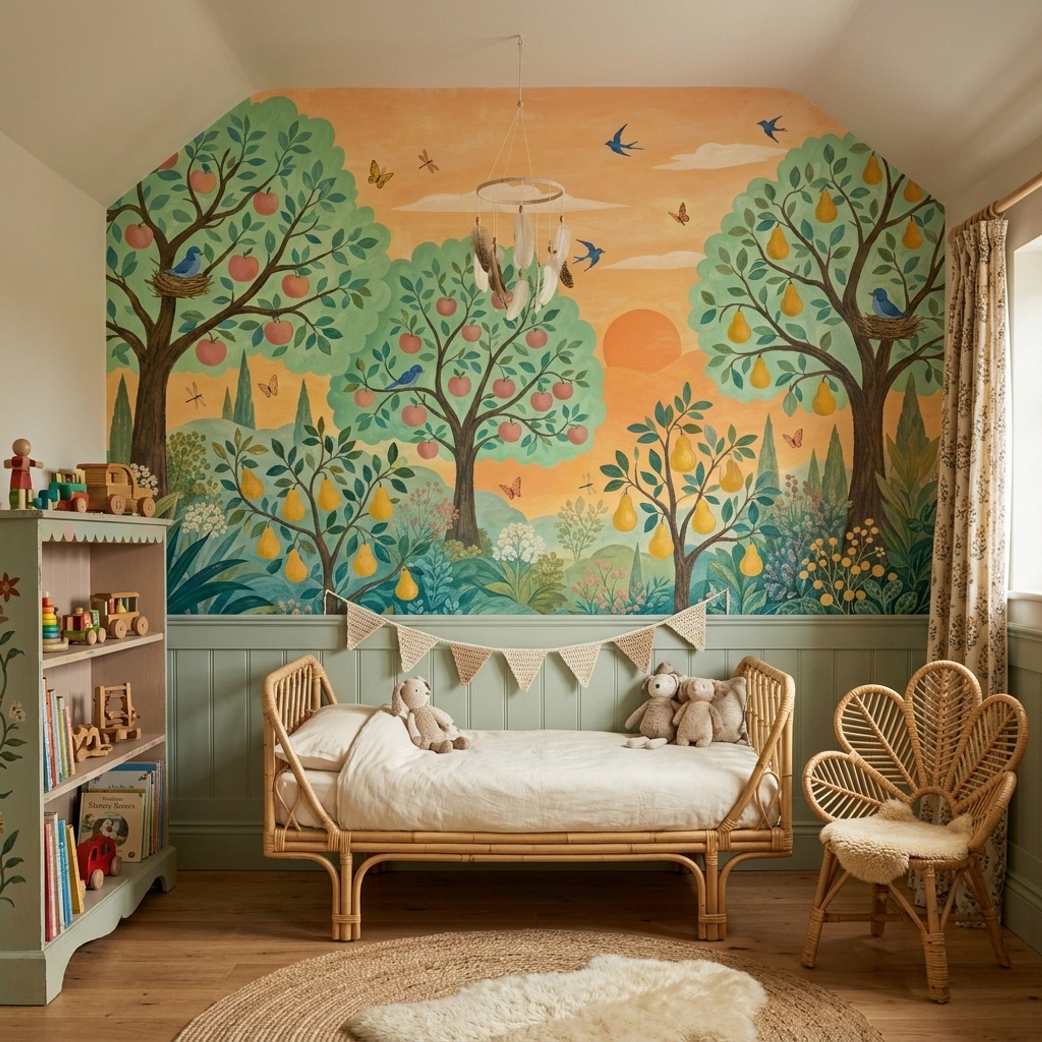Orchard Tree Wallpaper Sunset Birds Nursery Wall Mural