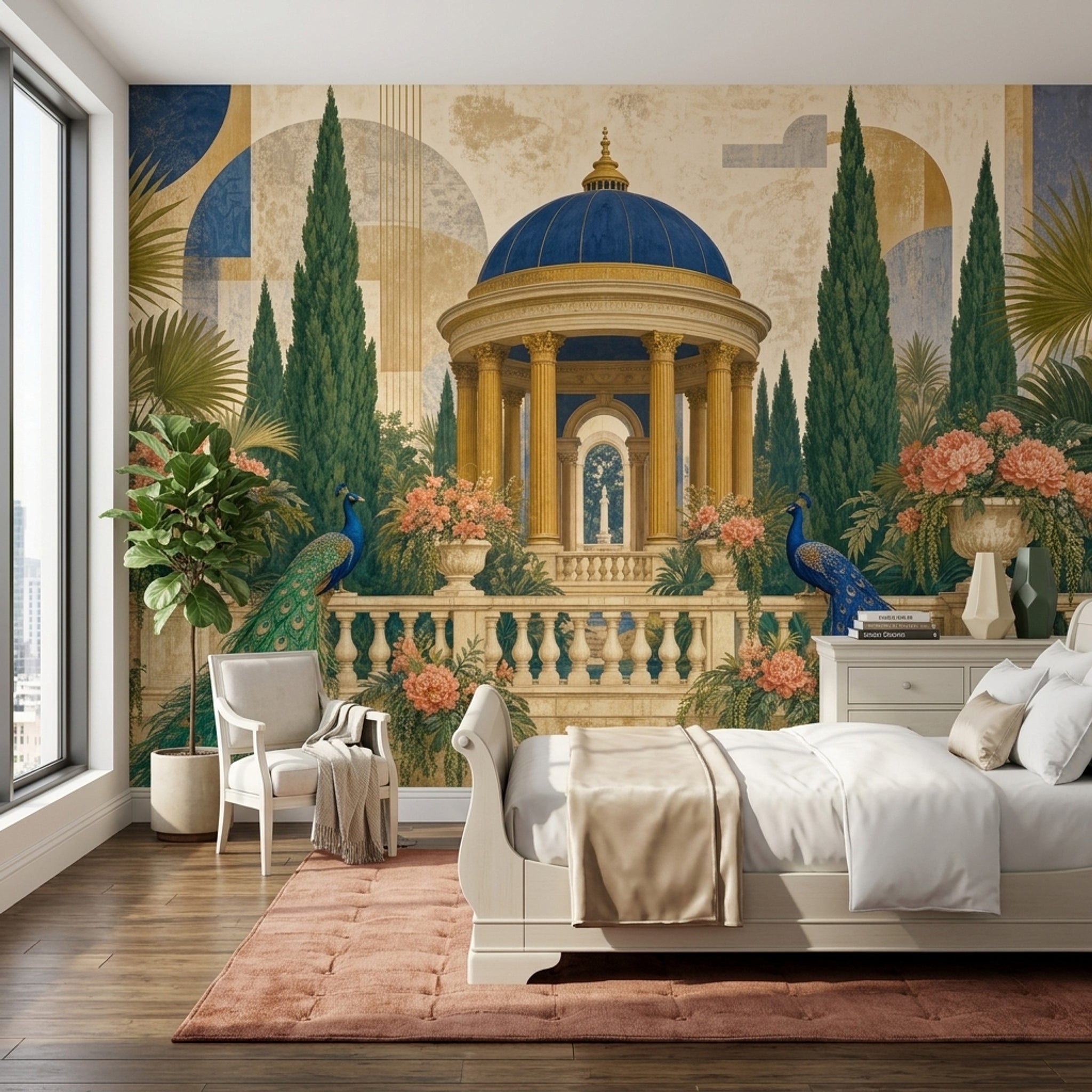 Peacock Garden Wallpaper Classical Pavilion Landscape Wall Mural