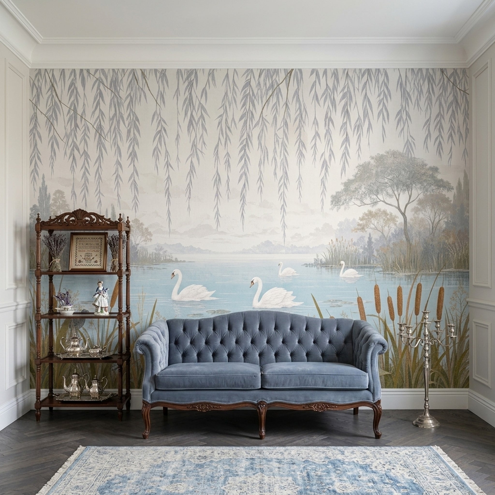 Swan Lake Wallpaper Willow Branches Scenic Wall Mural