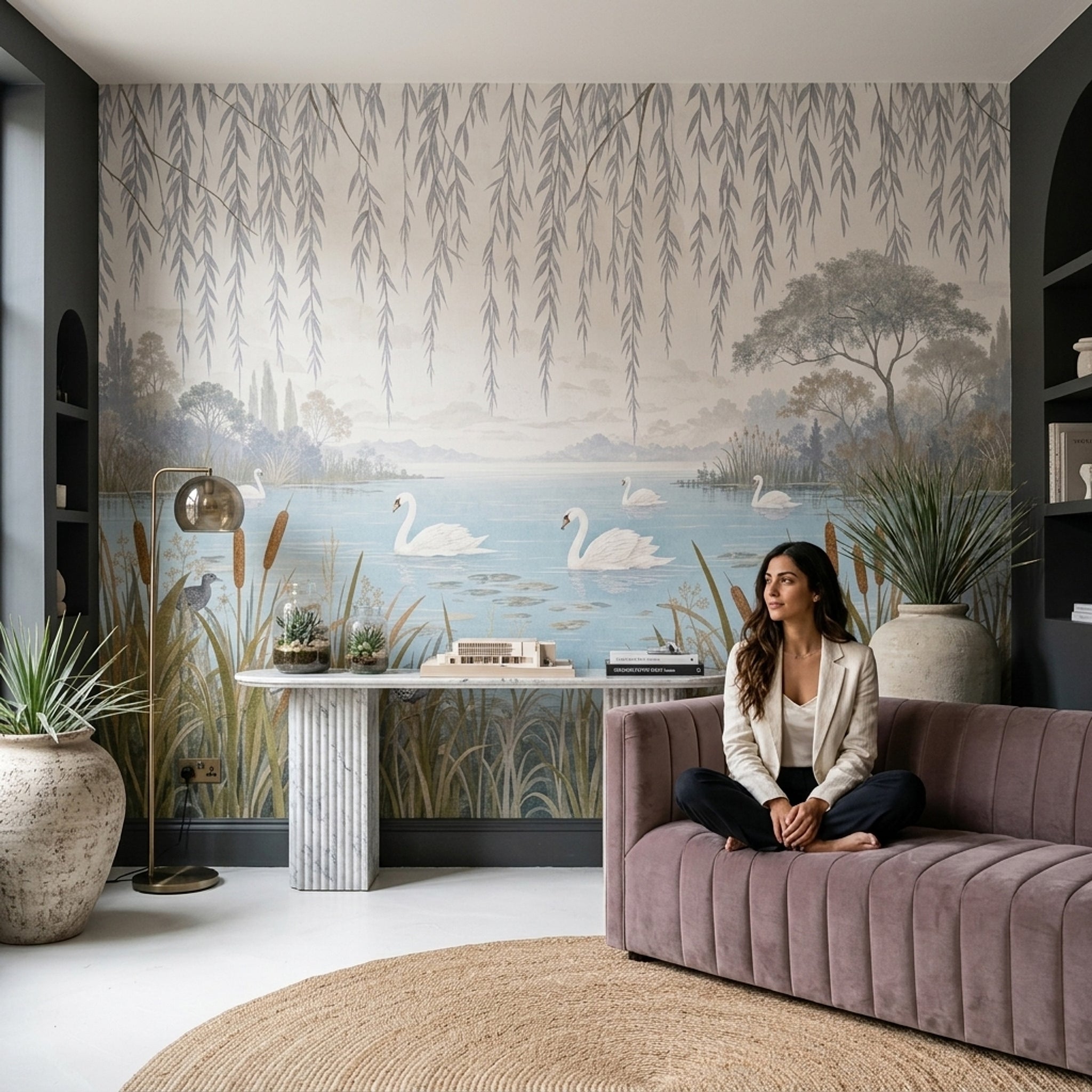 Swan Lake Wallpaper Willow Branches Scenic Wall Mural