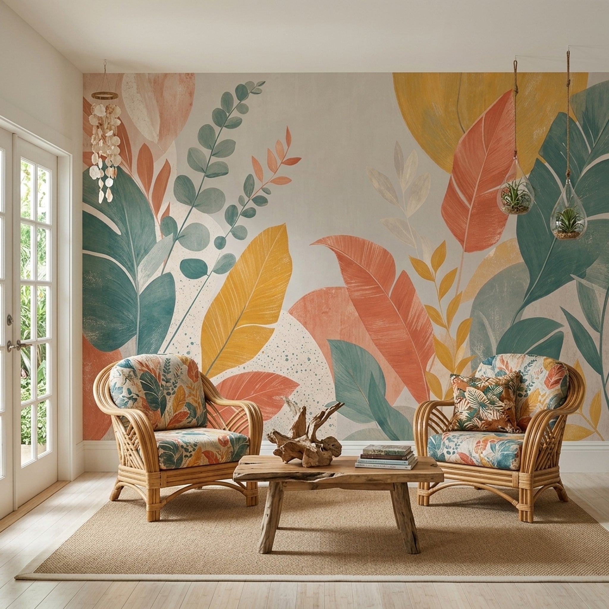 Abstract Botanical Wallpaper Oversized Colorful Leaves Wall Mural