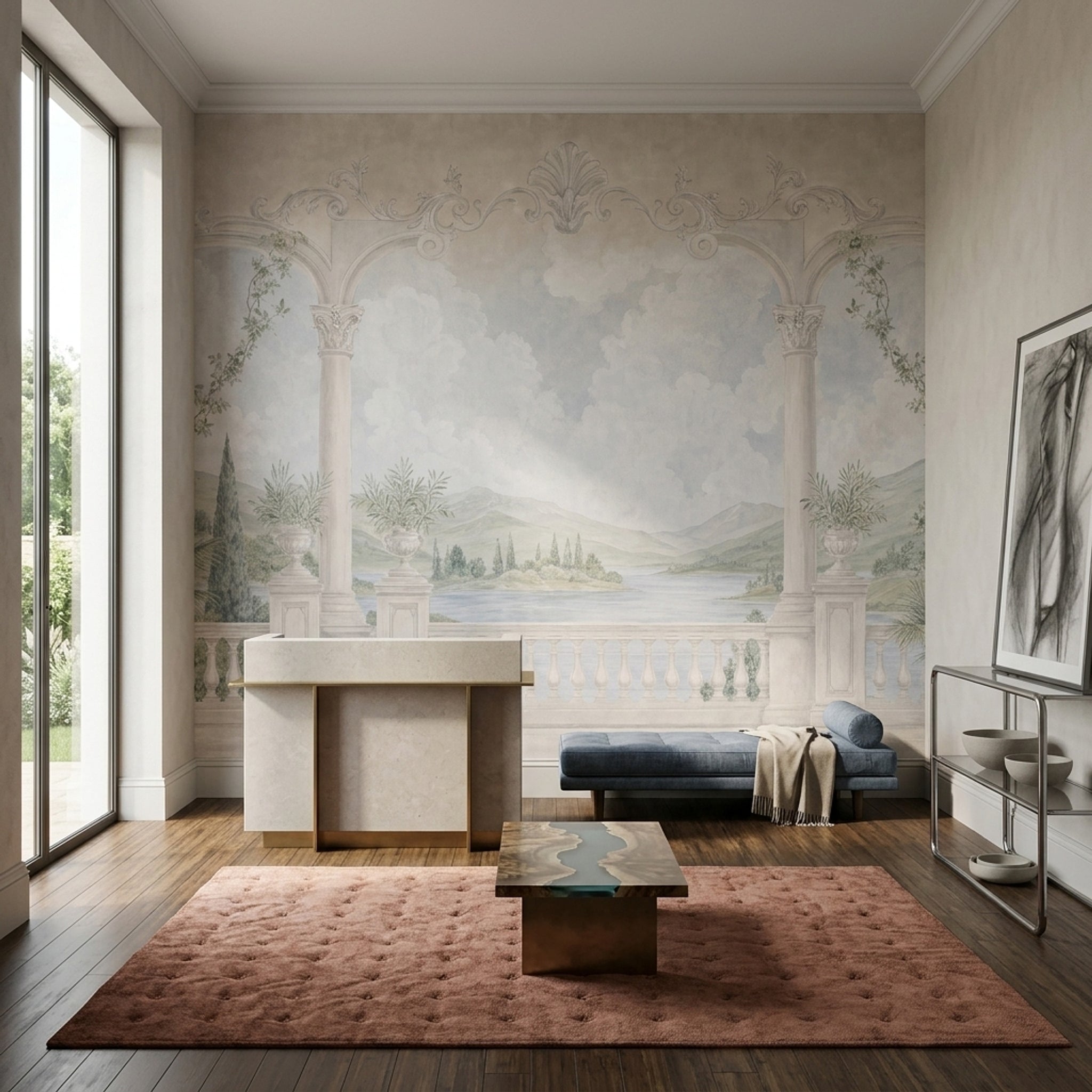Classical Landscape Wallpaper Trompe L'Oeil Columns Wall Mural
