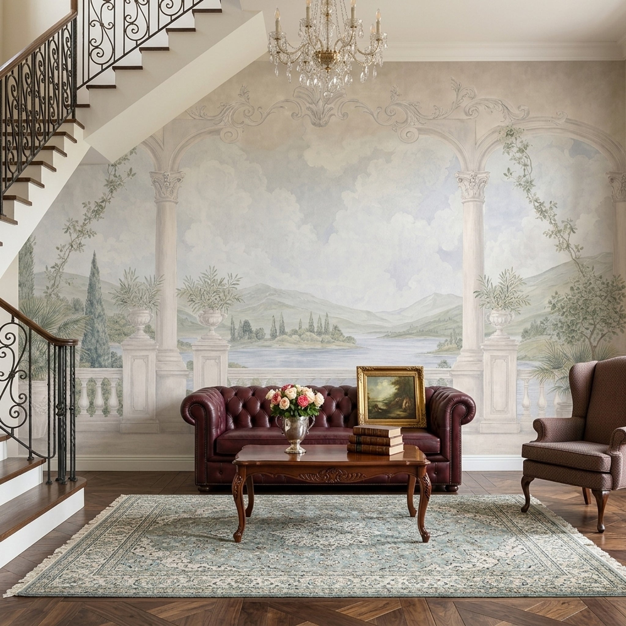 Classical Landscape Wallpaper Trompe L'Oeil Columns Wall Mural