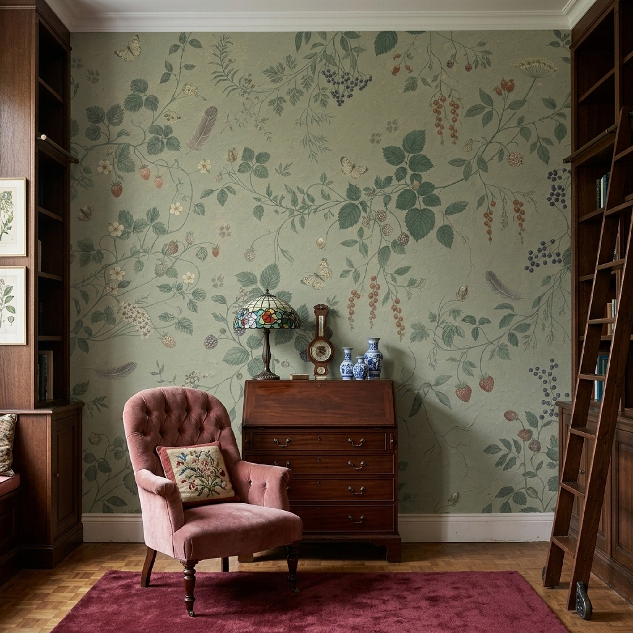 Botanical Vine Wallpaper Soft Green Berries Wall Mural