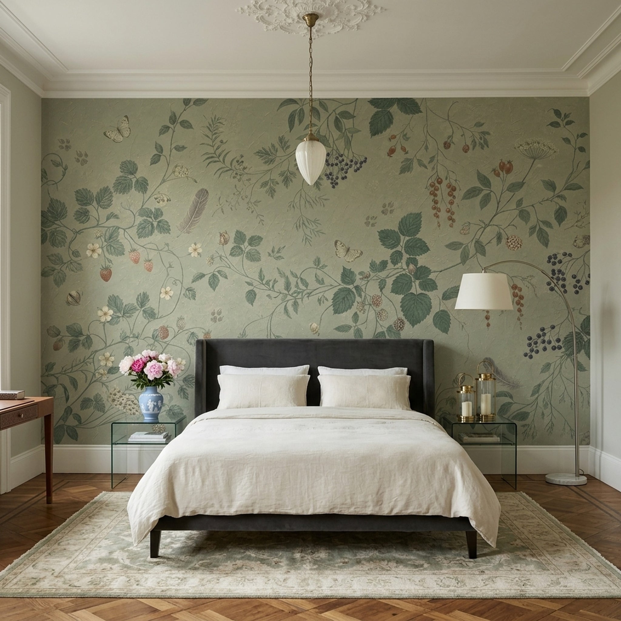 Botanical Vine Wallpaper Soft Green Berries Wall Mural