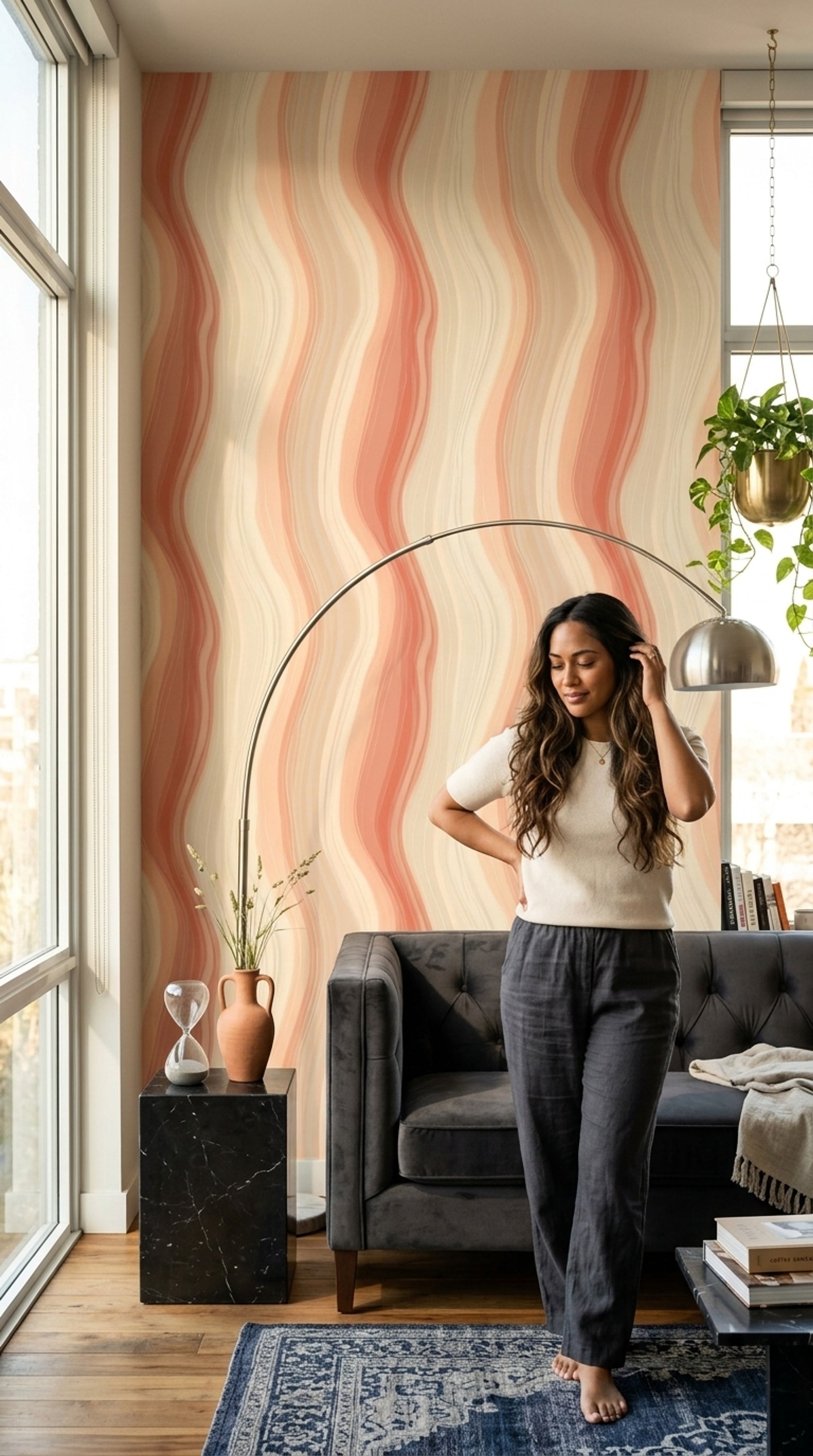 Wavy Stripes Wallpaper Abstract Cream Decorative Mural
