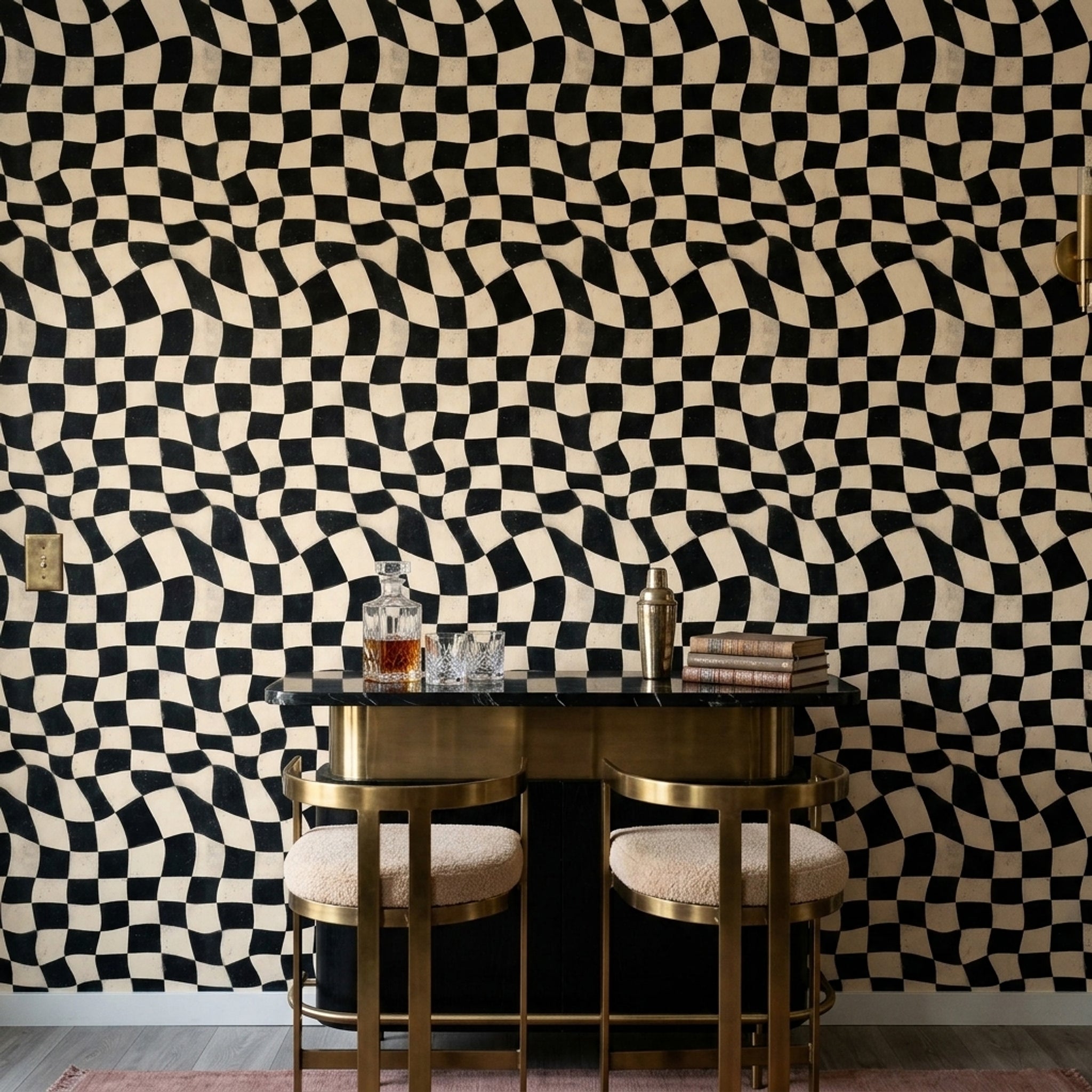 Wavy Checkerboard Wallpaper Black And Ivory Distressed Texture Removable Wall Decor