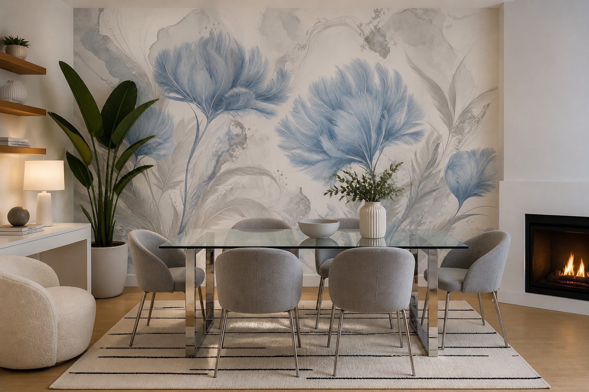 Watercolor Wallpaper Botanical Blue Flowers Removable Wall Decor