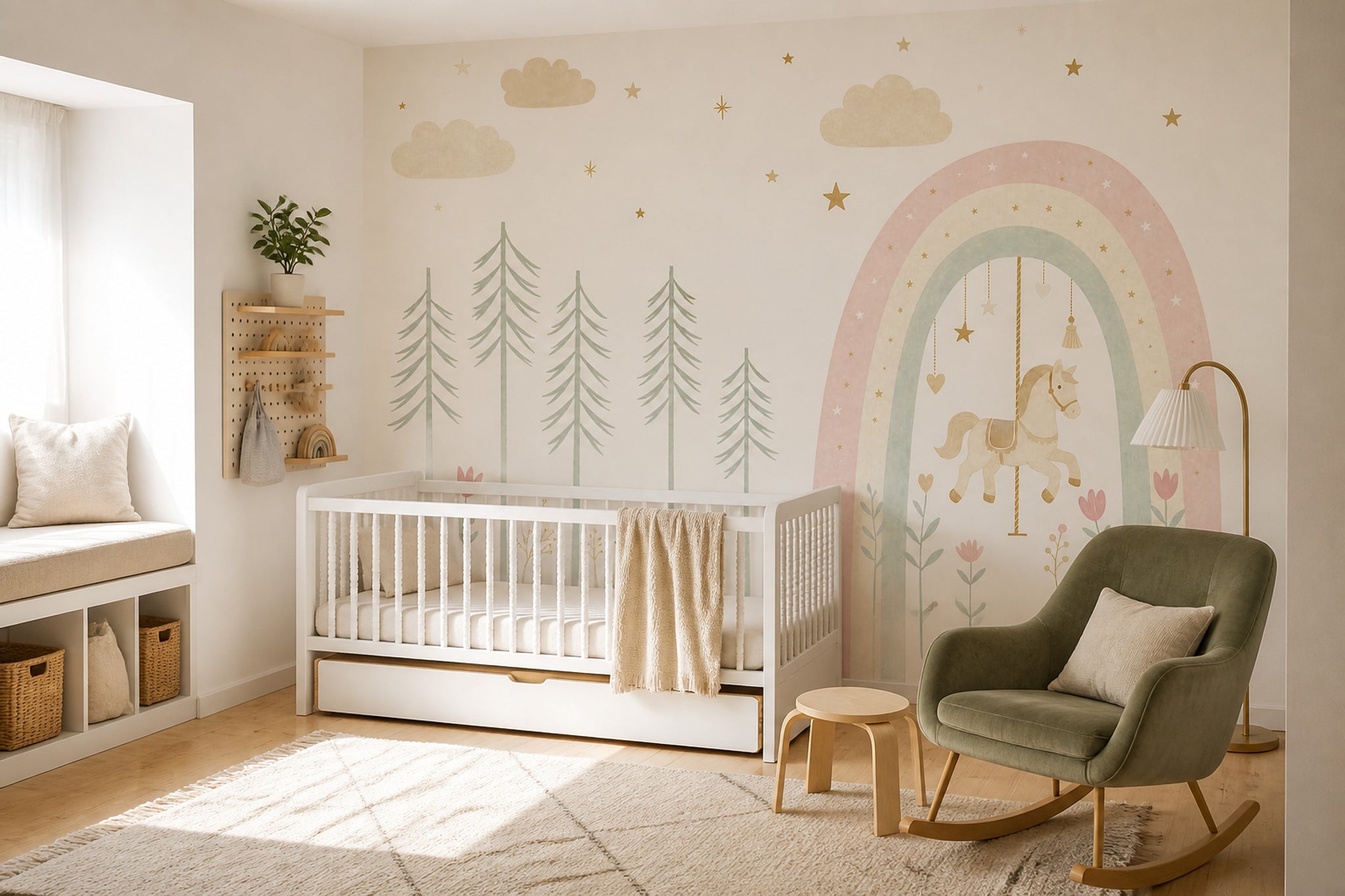 Beige Clouds Wallpaper Pastel Sky Rainbow Removable Wall Decor